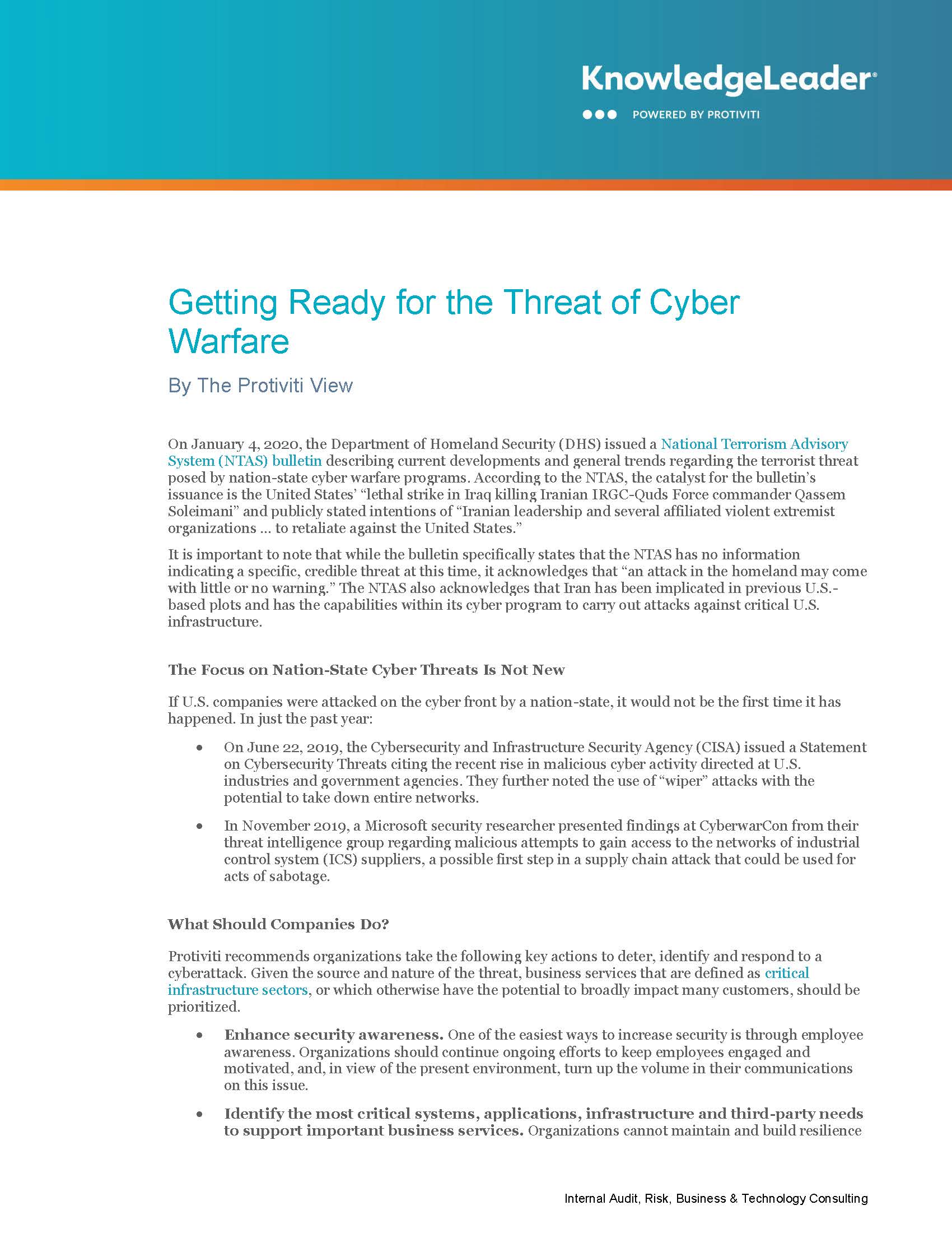 Screenshot of the first page of Getting Ready for the Threat of Cyber Warfare
