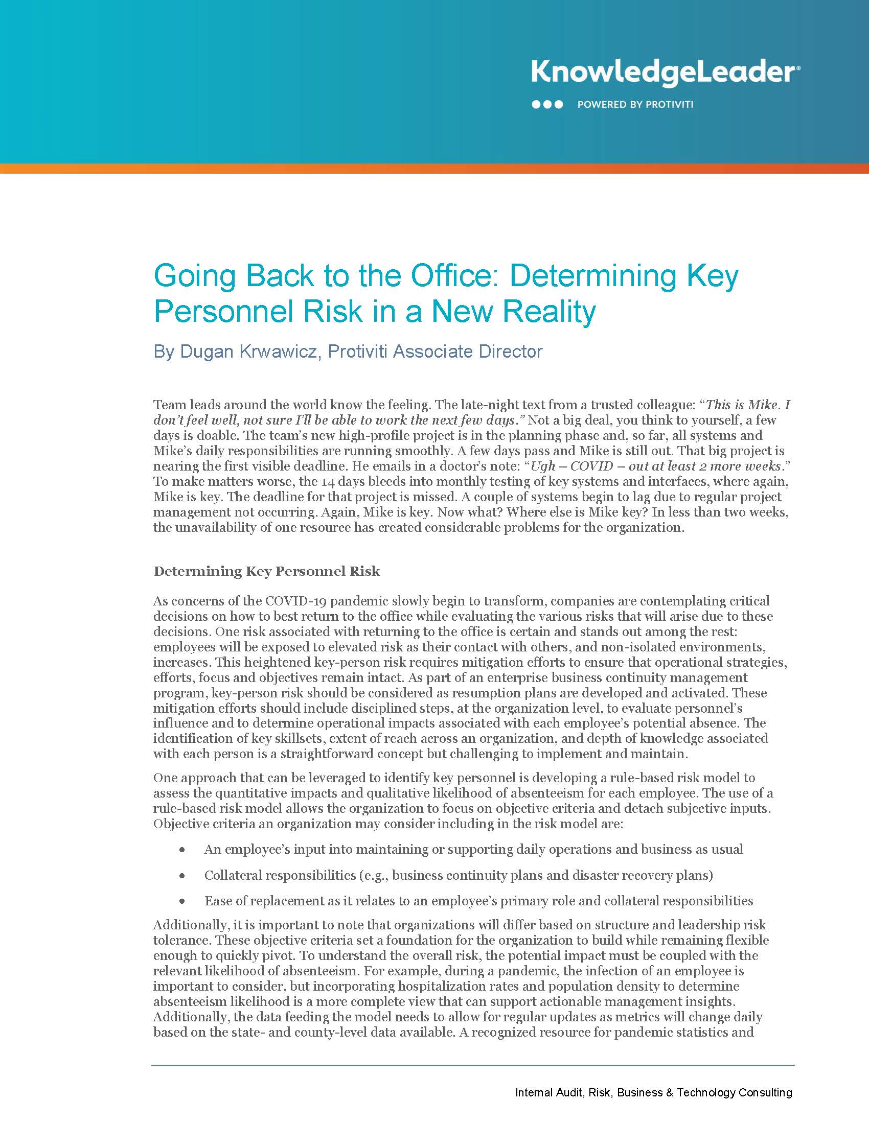 Screenshot of the first page of (Going Back to the Office: Determining Key Personnel Risk in a New Reality)