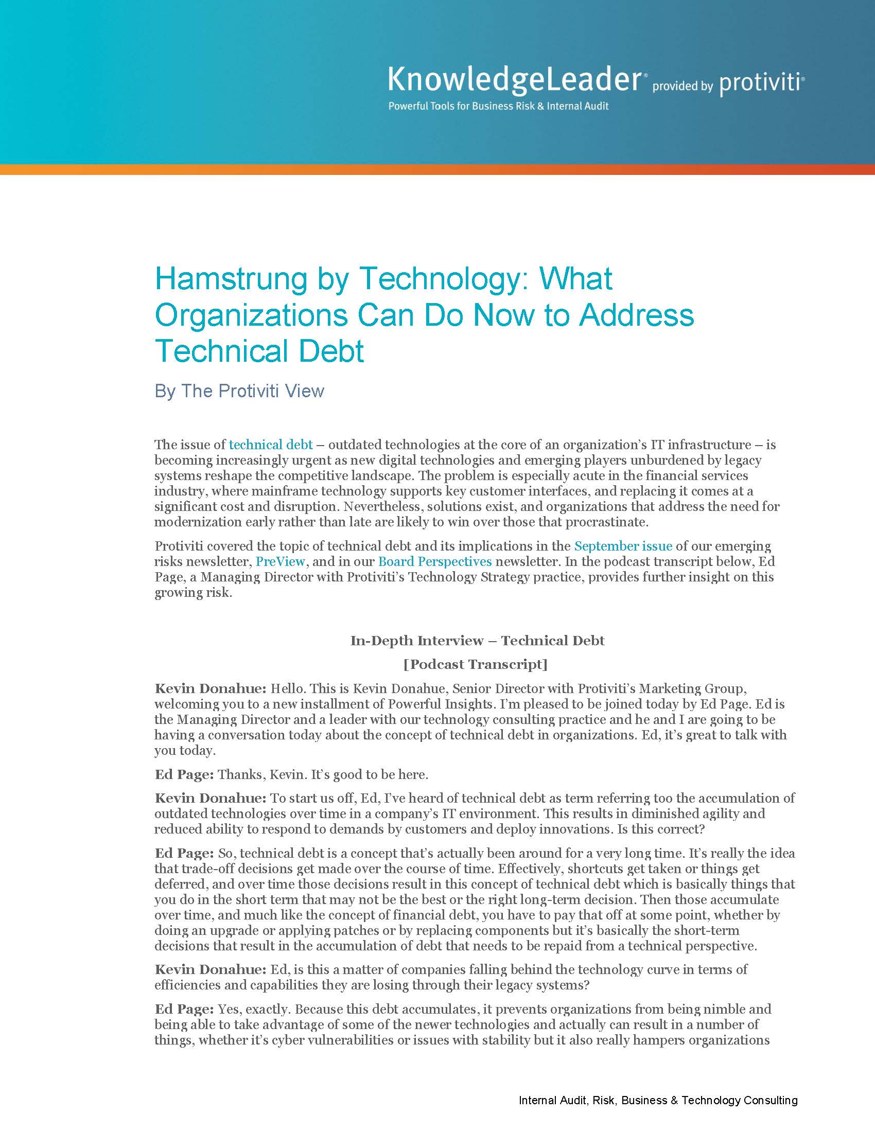 Screenshot of the first page of Hamstrung by Technology What Organizations Can Do Now to Address Technical Debt