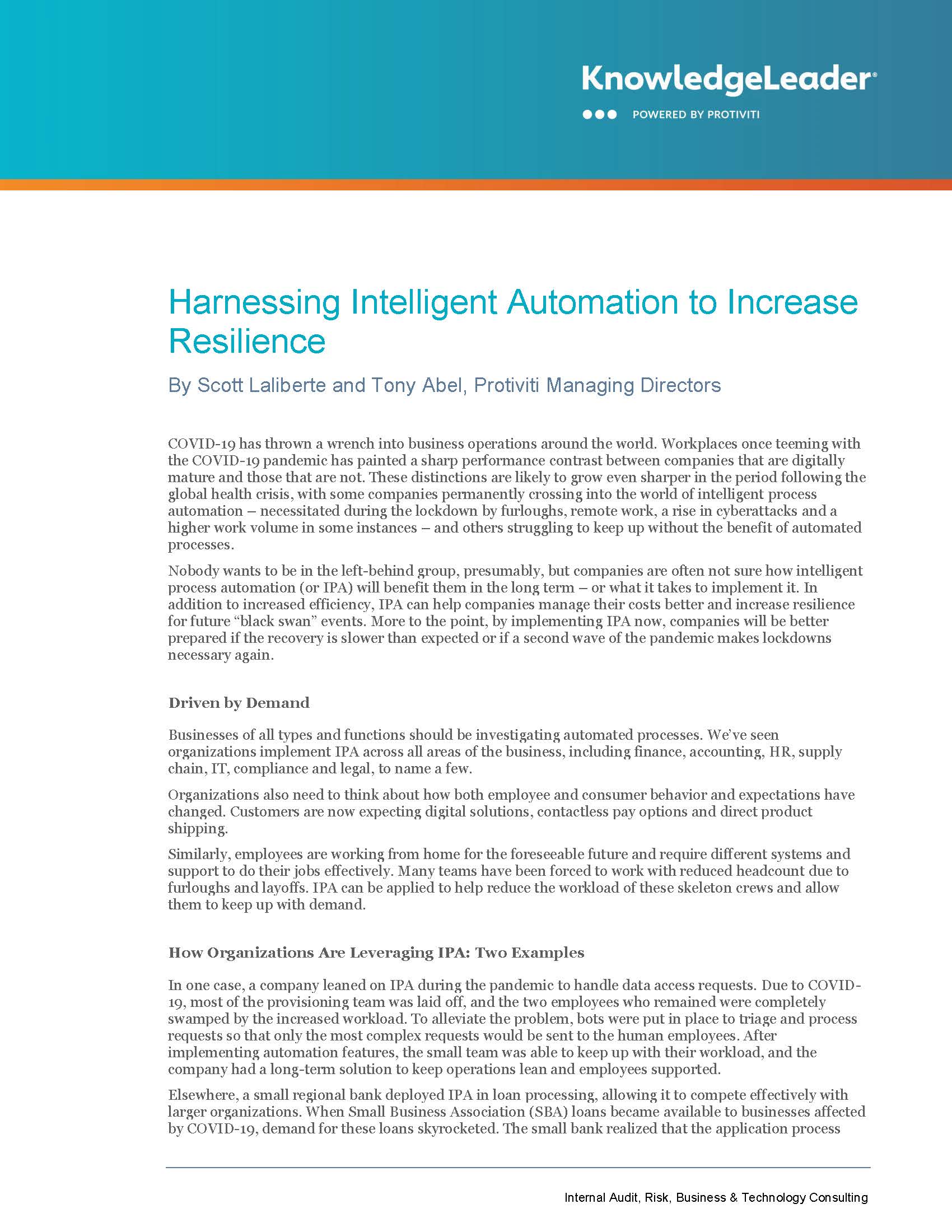 Screenshot of the first page of Harnessing Intelligent Automation to Increase Resilience
