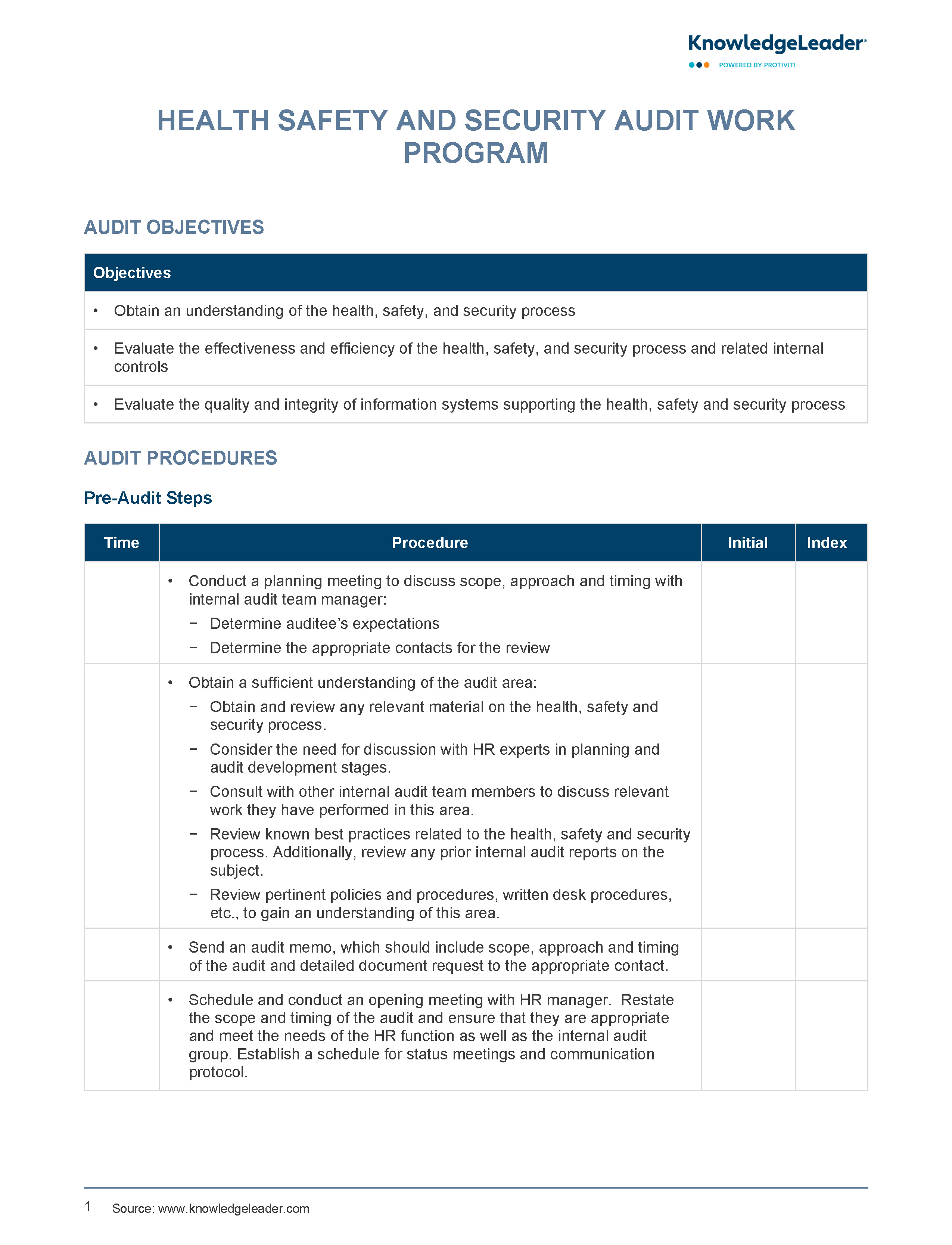 screenshot of the first page of Health, Safety and Security Audit Work Program
