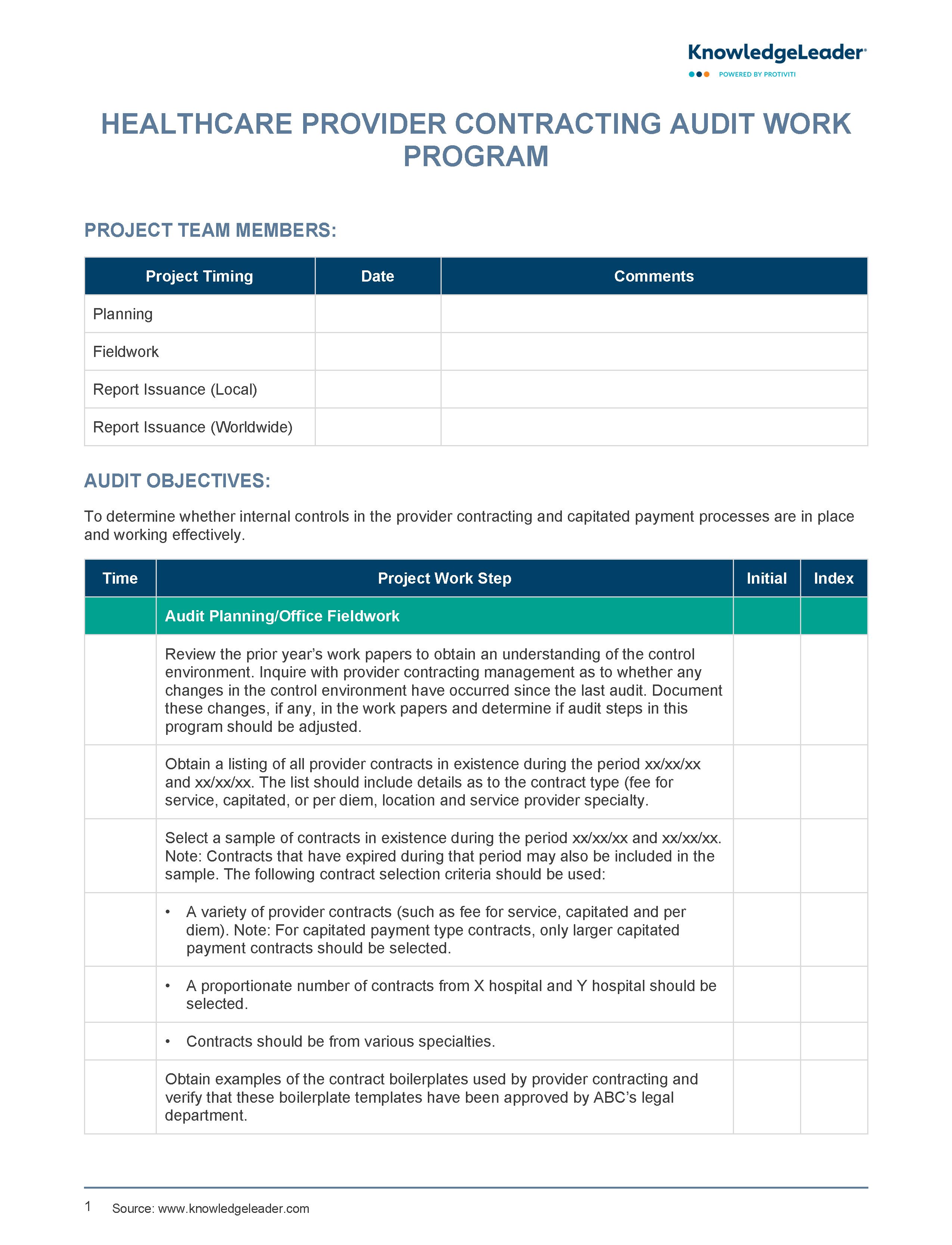screenshot of the first page of Healthcare Provider Contracting Audit Work Program