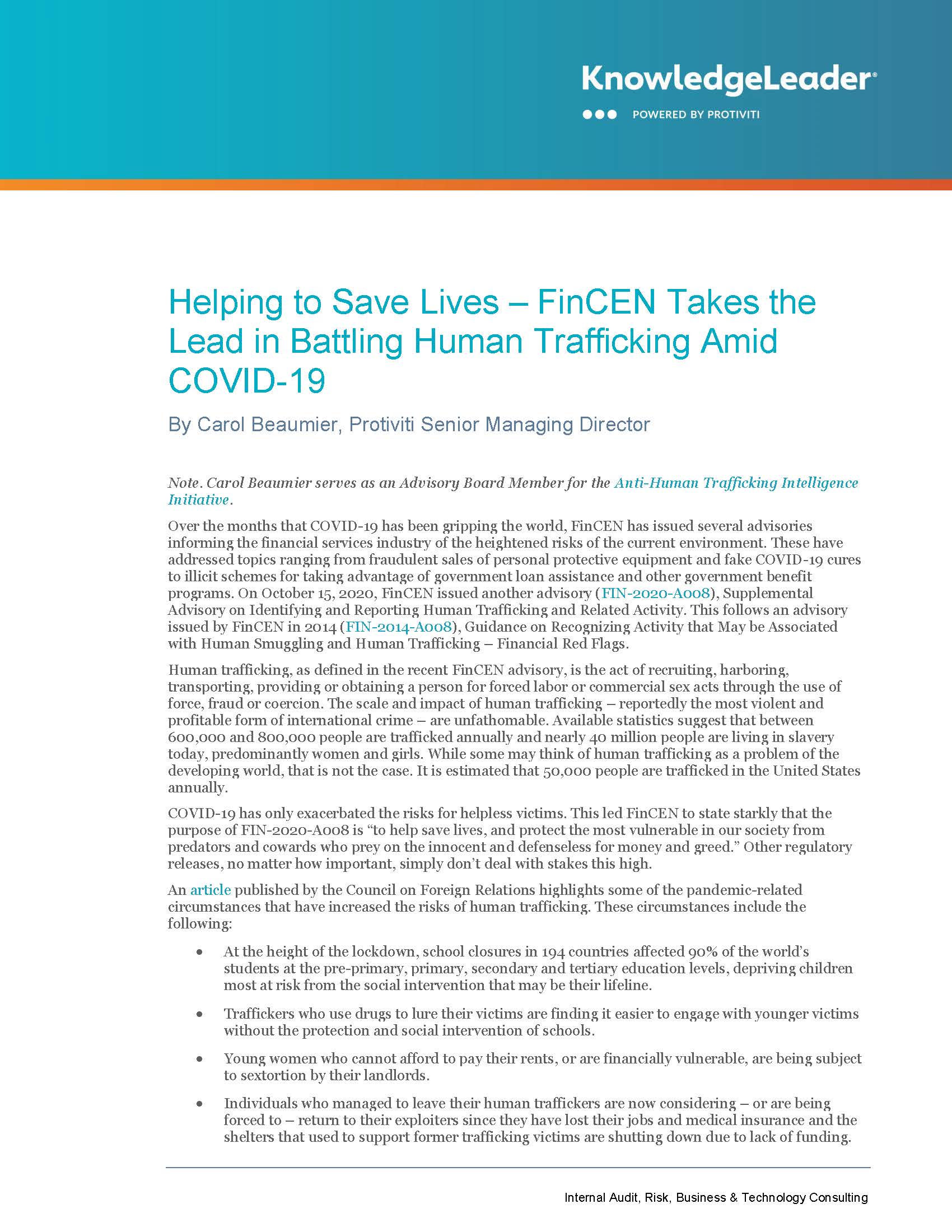 Screenshot of the first page of Helping to Save Lives – FinCEN Takes the Lead in Battling Human Trafficking Amid COVID-19