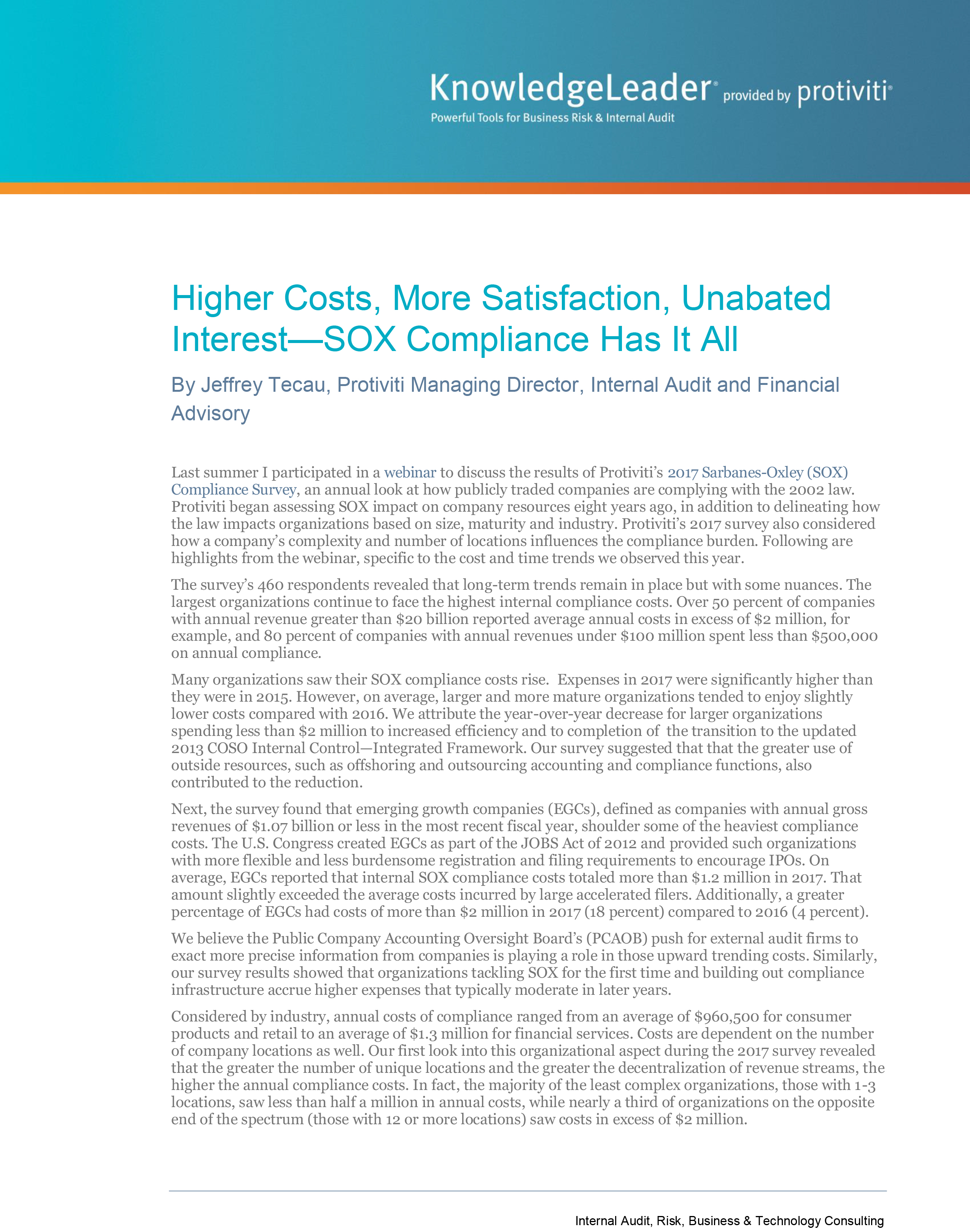 Screenshot of the first page of Higher Costs, More Satisfaction, Unabated Interest – SOX Compliance Has It All