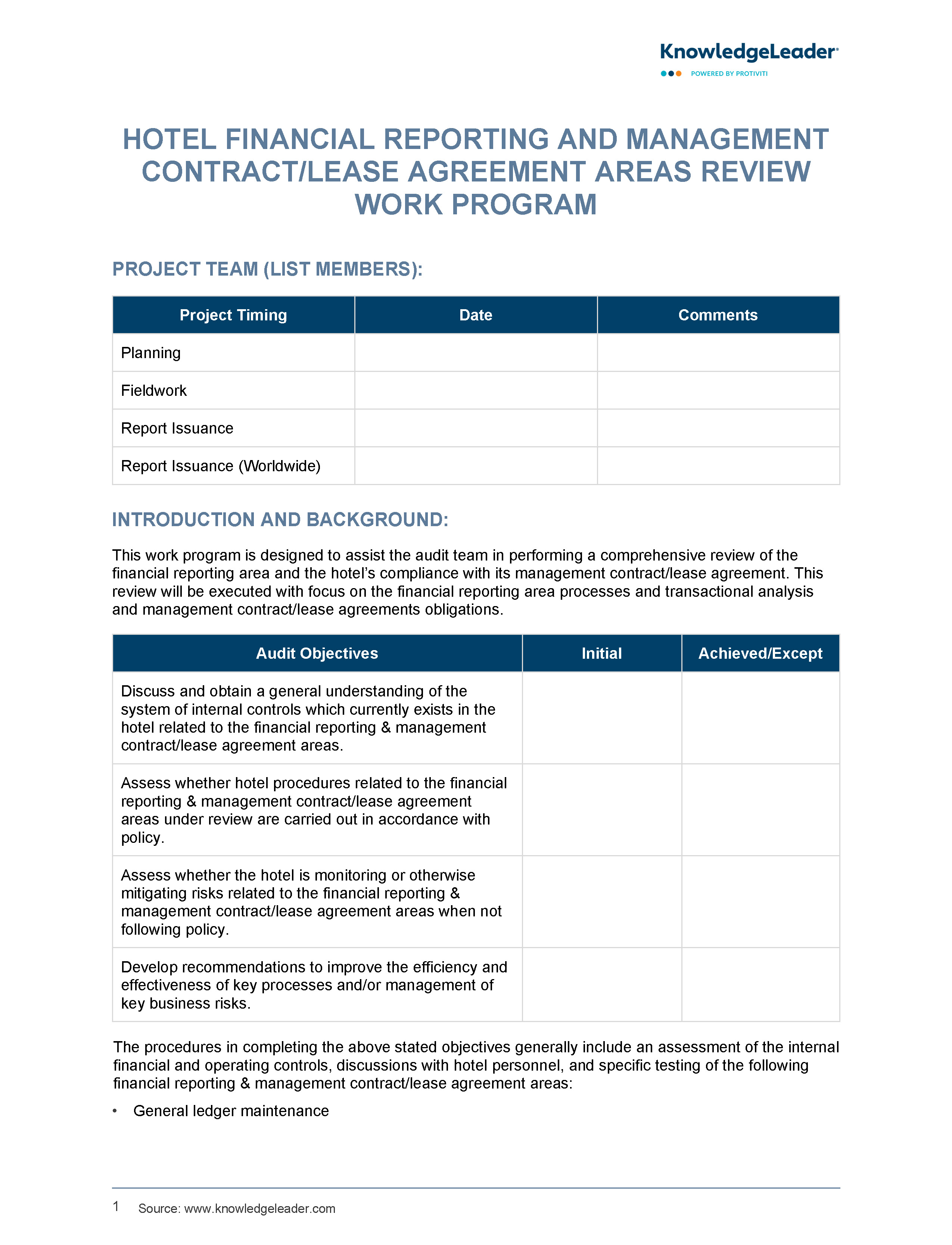 screenshot of the first page of Hotel Financial Reporting and Management Contract/Lease Agreement Areas Review Audit Work Program