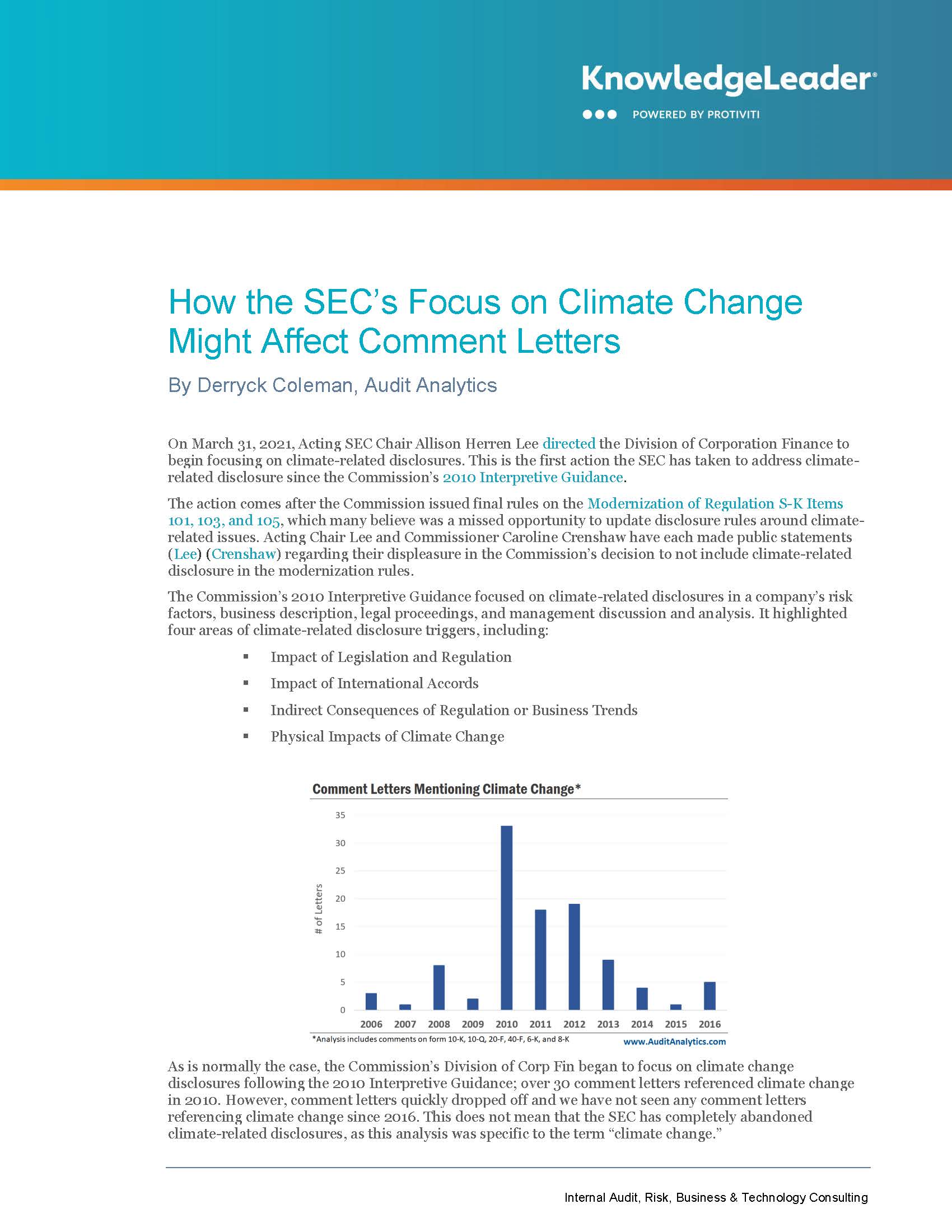 Screenshot of the first page of How the SEC’s Focus on Climate Change Might Affect Comment Letters