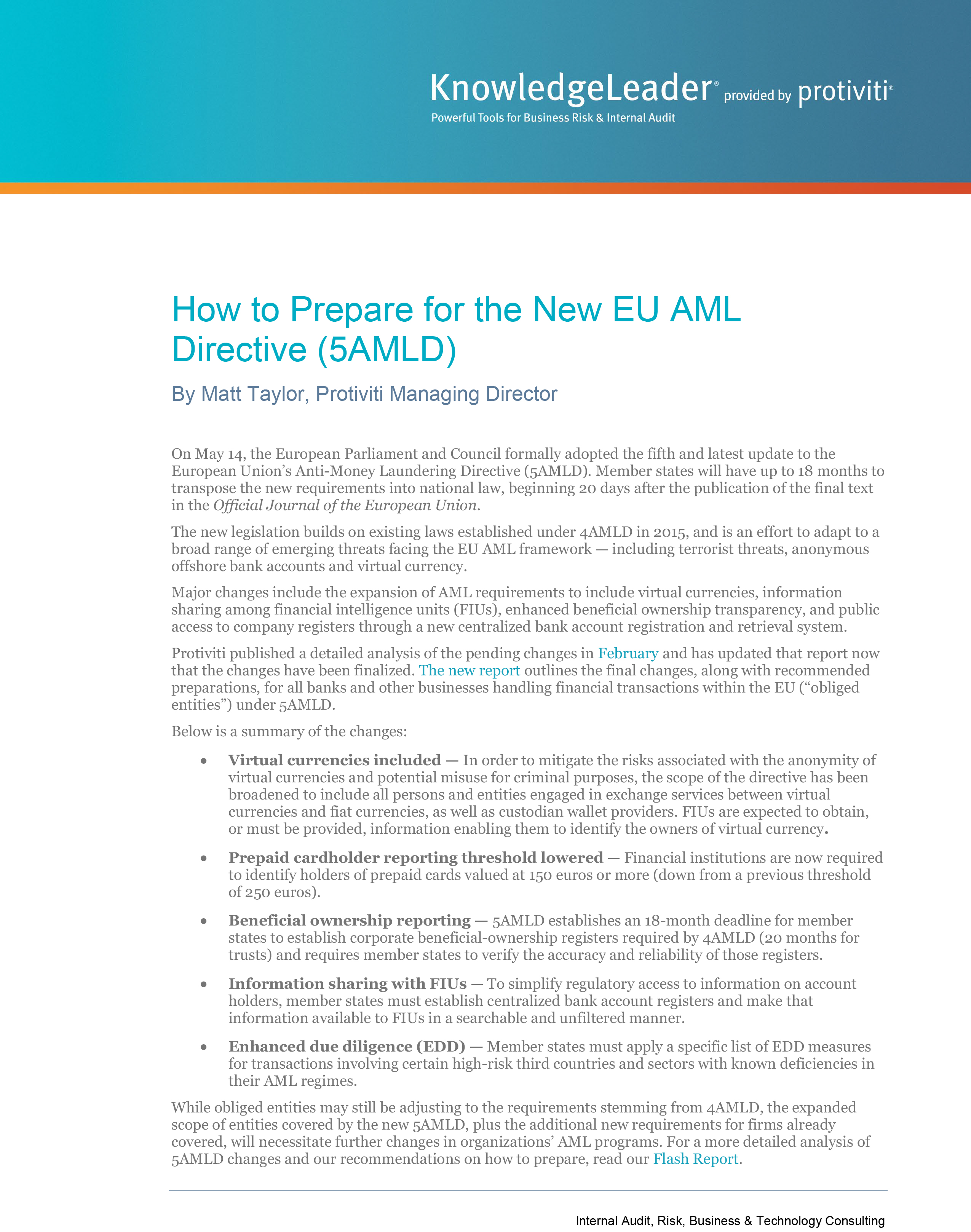 Screenshot of the first page of How to Prepare for the New EU AML Directive (5AMLD)