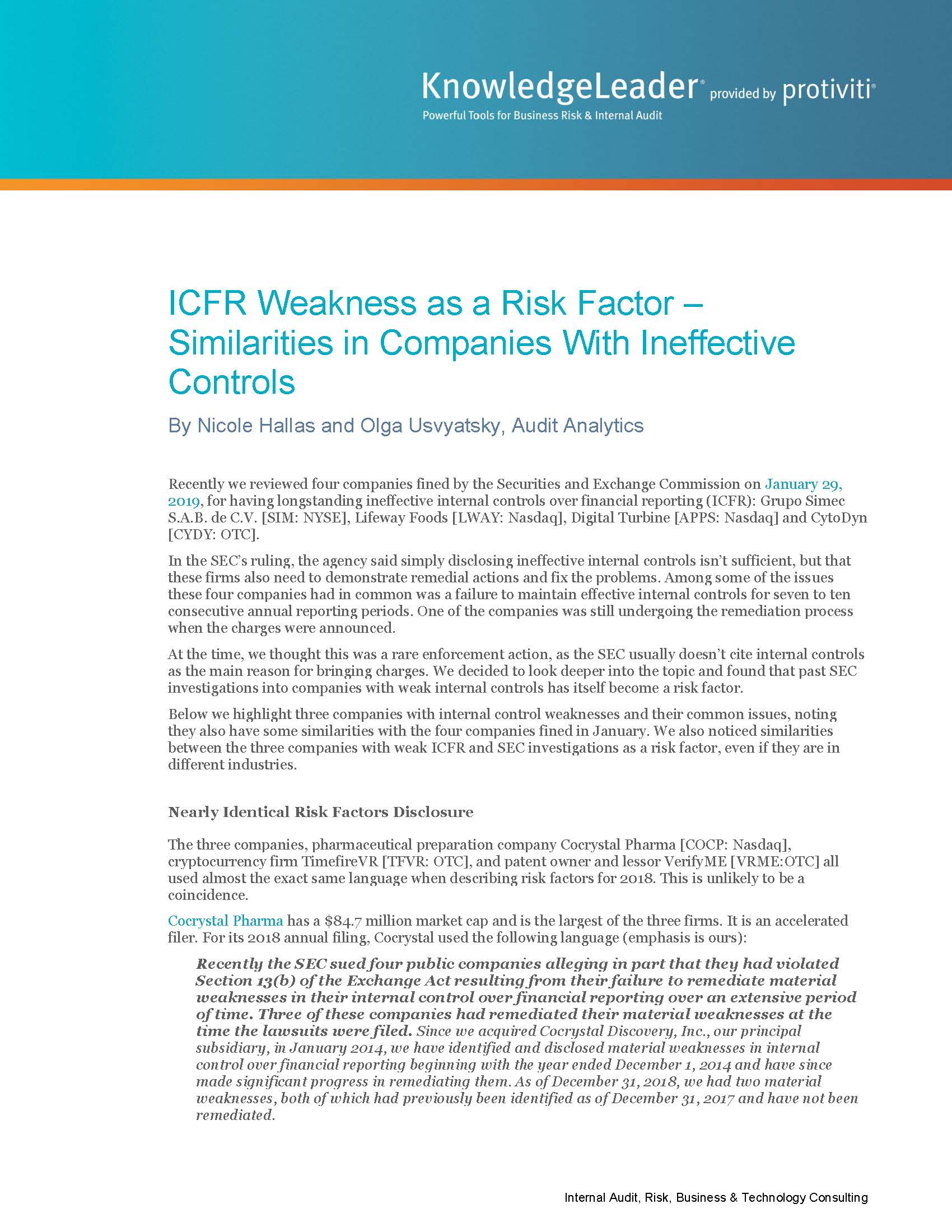 Screenshot of the first page of ICFR Weakness as a Risk Factor – Similarities in Companies with Ineffective Controls