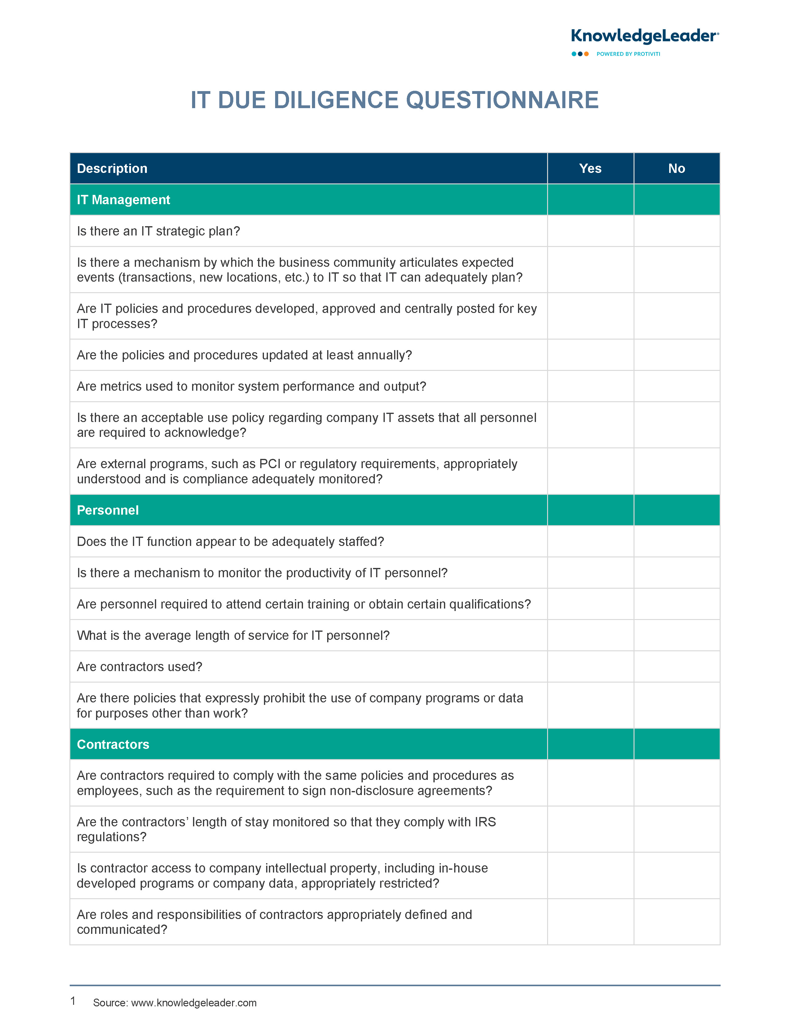 Screenshot of the first page of IT Due Diligence Questionnaire