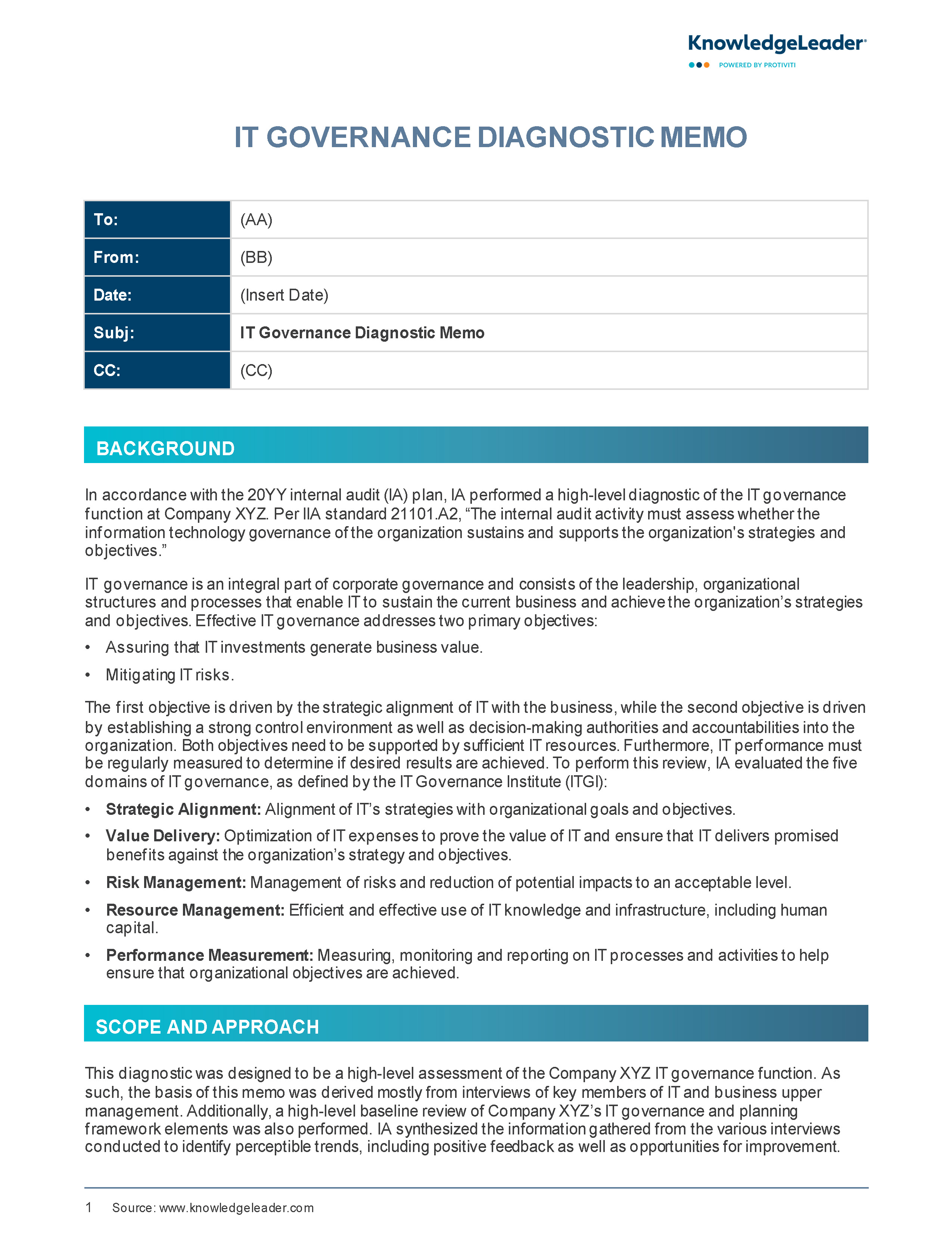 Screenshot of the first page of IT Governance Diagnostic Memo