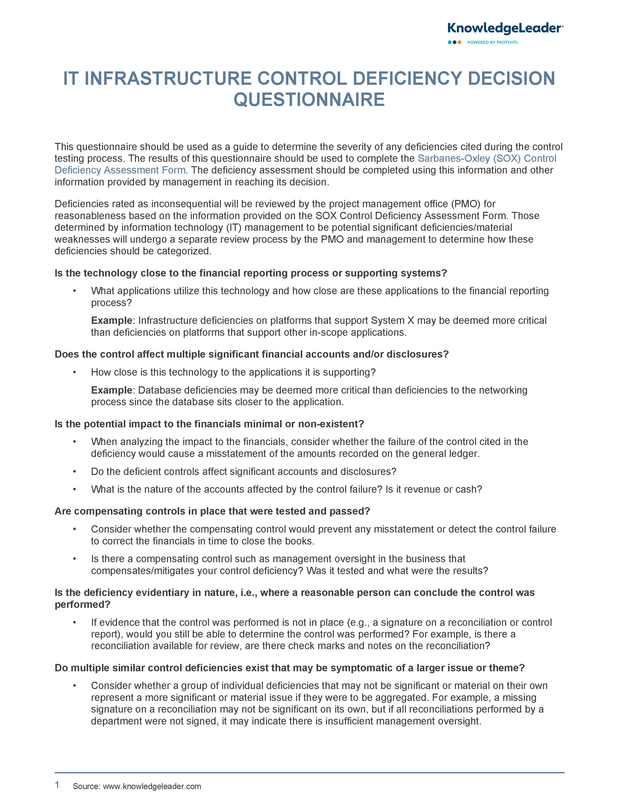 Screenshot of the first page of IT Infrastructure Control Deficiency Decision Questionnaire