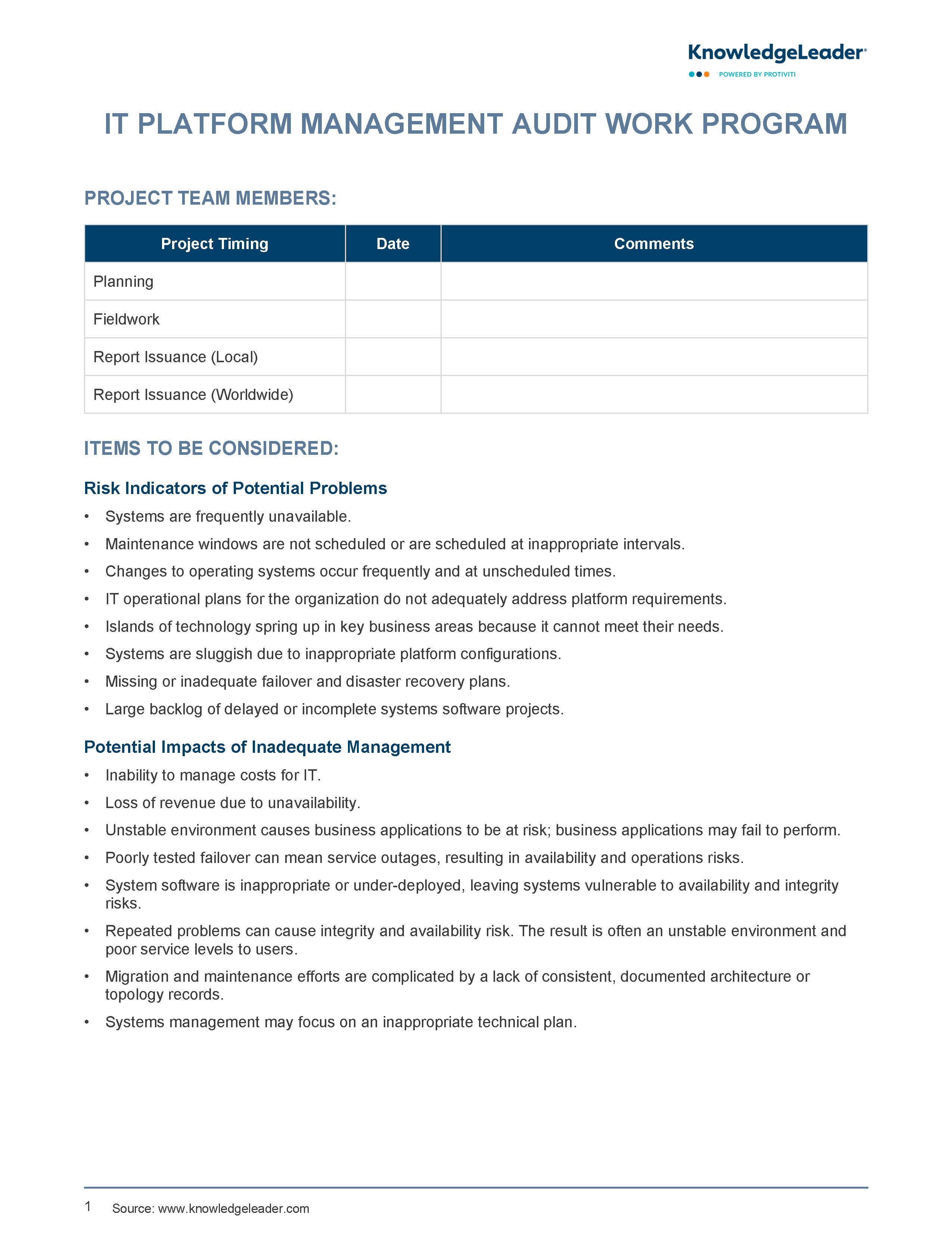 Screenshot of the first page of IT Platform Management Work Program