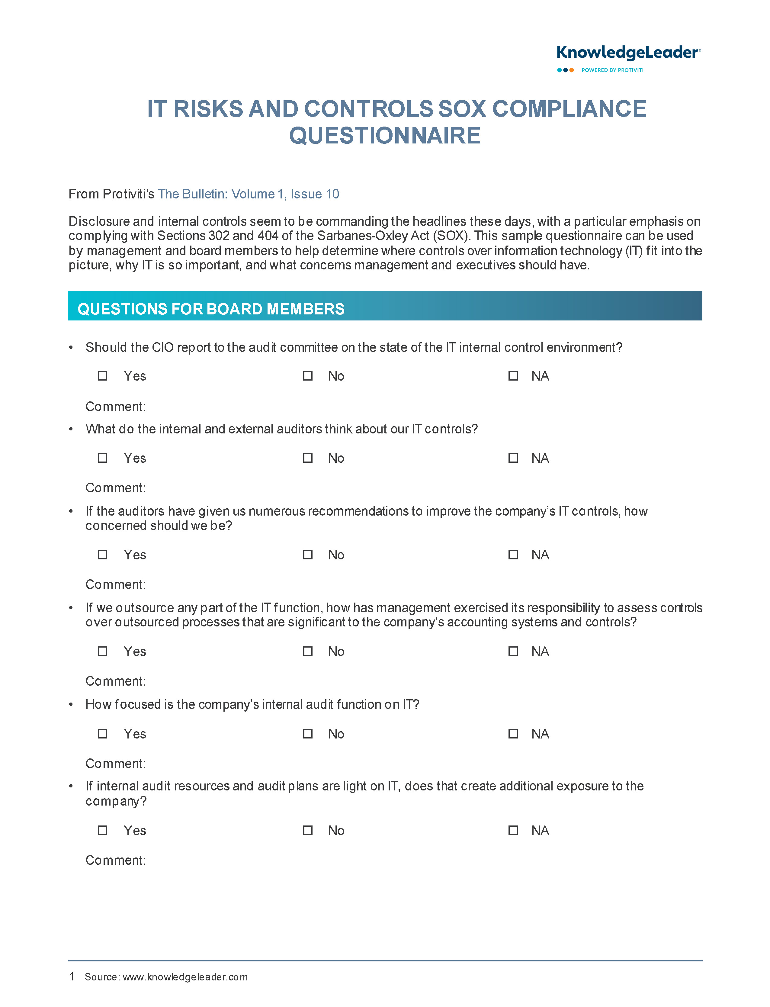 Screenshot of the first page of IT Risks and Controls SOX Compliance Questionnaire