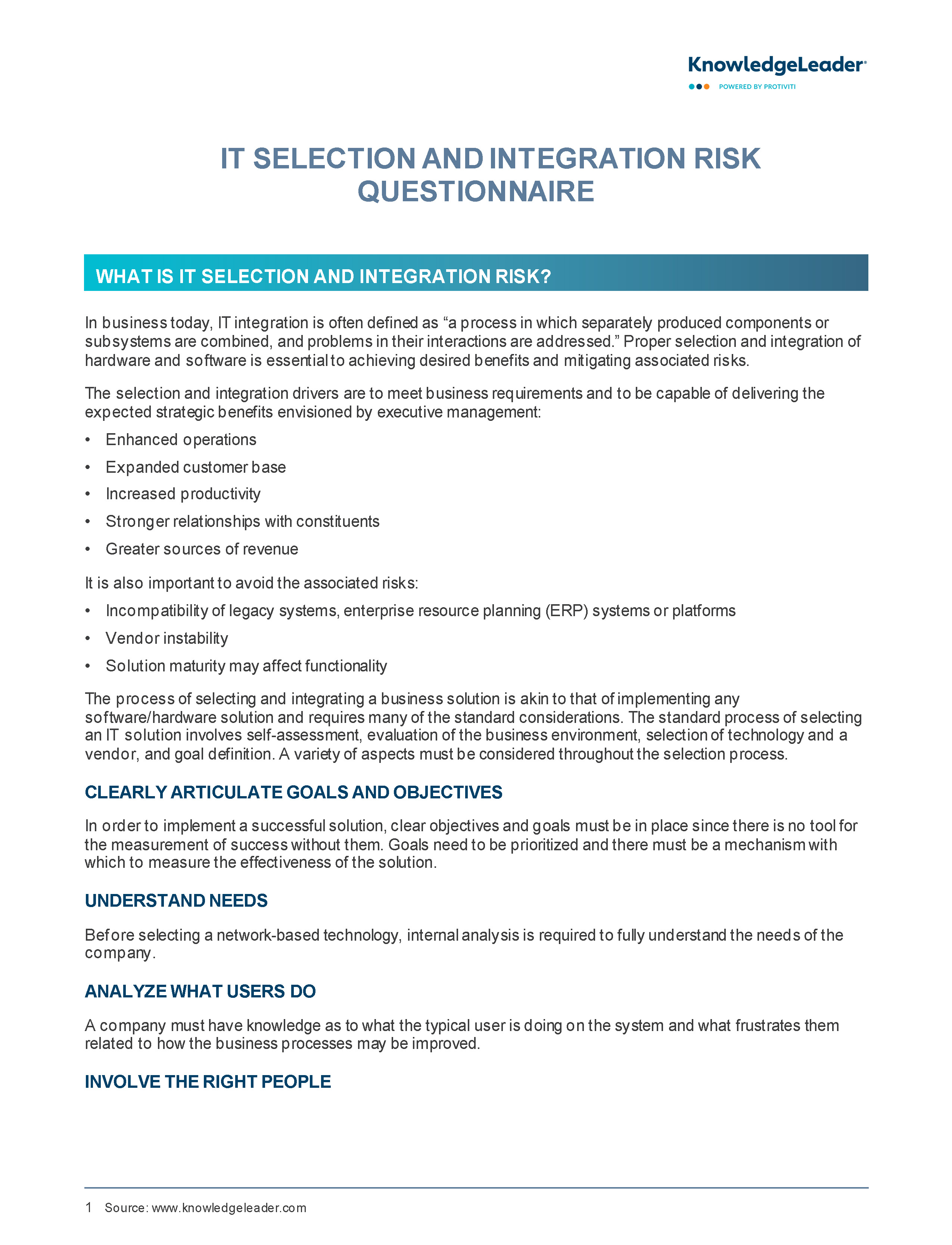 Screenshot of the first page of IT Selection or Integration Risk Questionnaire