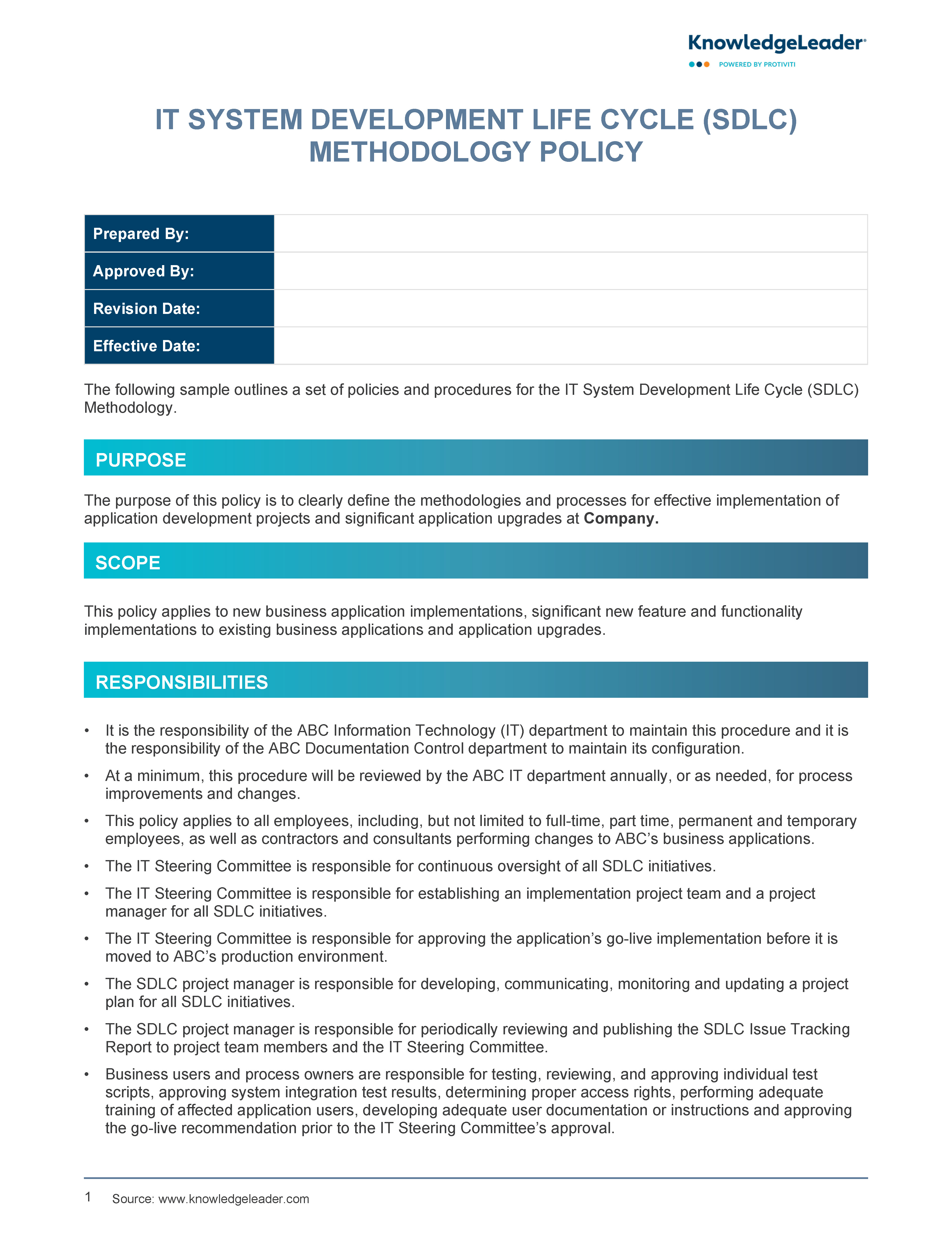 Screenshot of the first page of IT System Development Life Cycle Methodology Policy