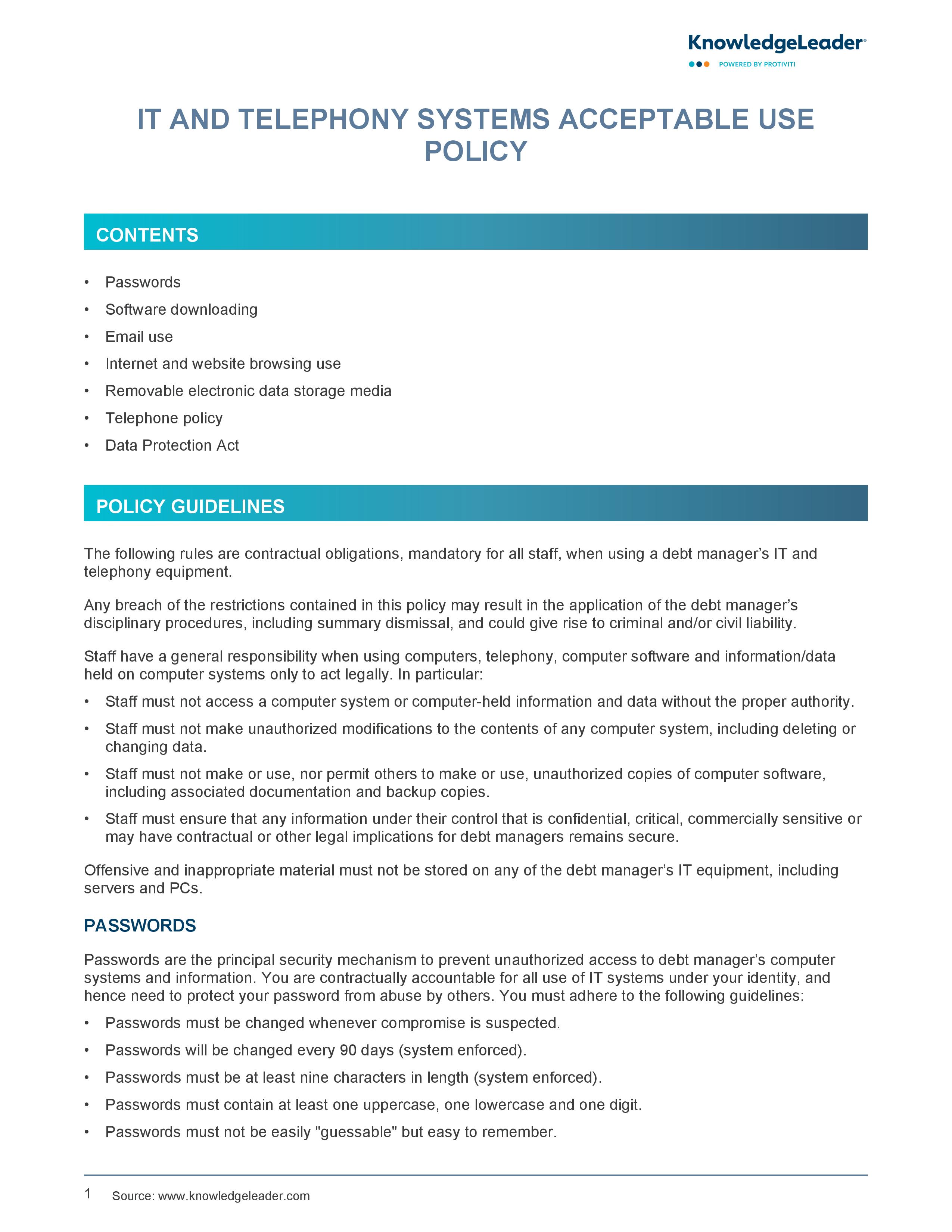 Screenshot of the first page of IT and Telephony Acceptable Use Policy