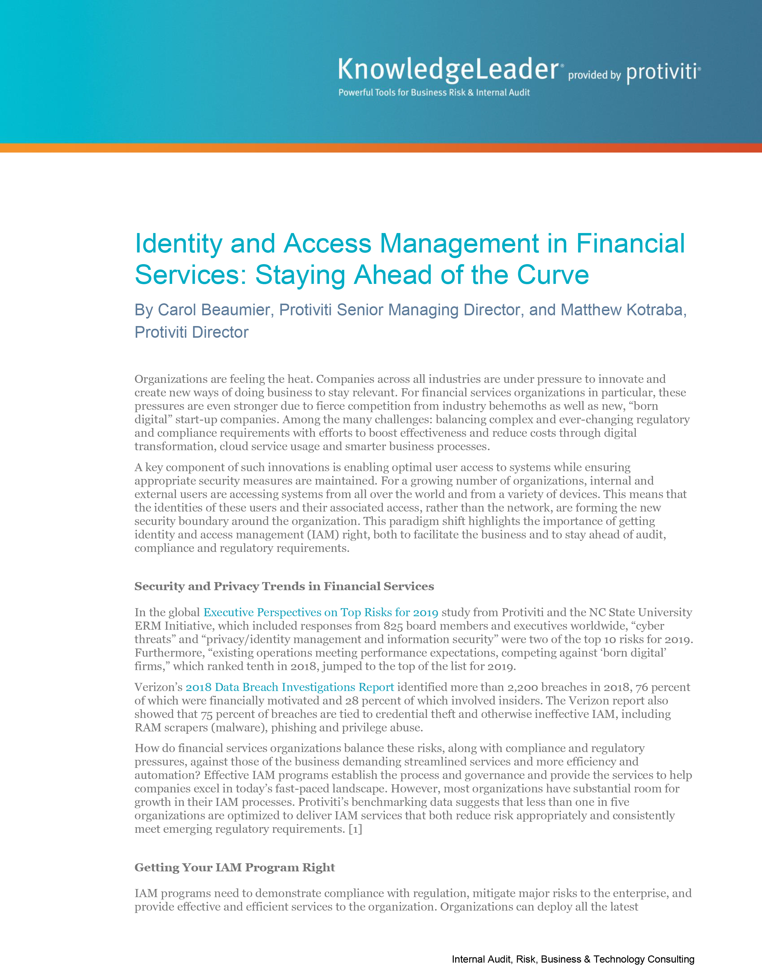 Screenshot of the first page of Identity and Access Management in Financial Services – Staying Ahead of the Curve