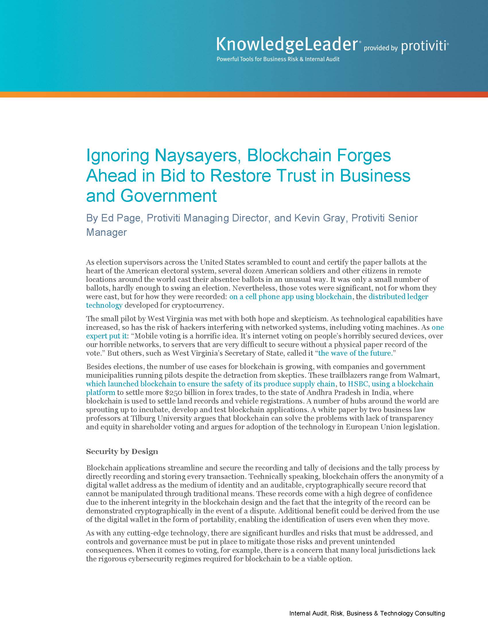 Screenshot of the first page of Ignoring Naysayers, Blockchain Forges Ahead in Bid to Restore Trust in Business and Government