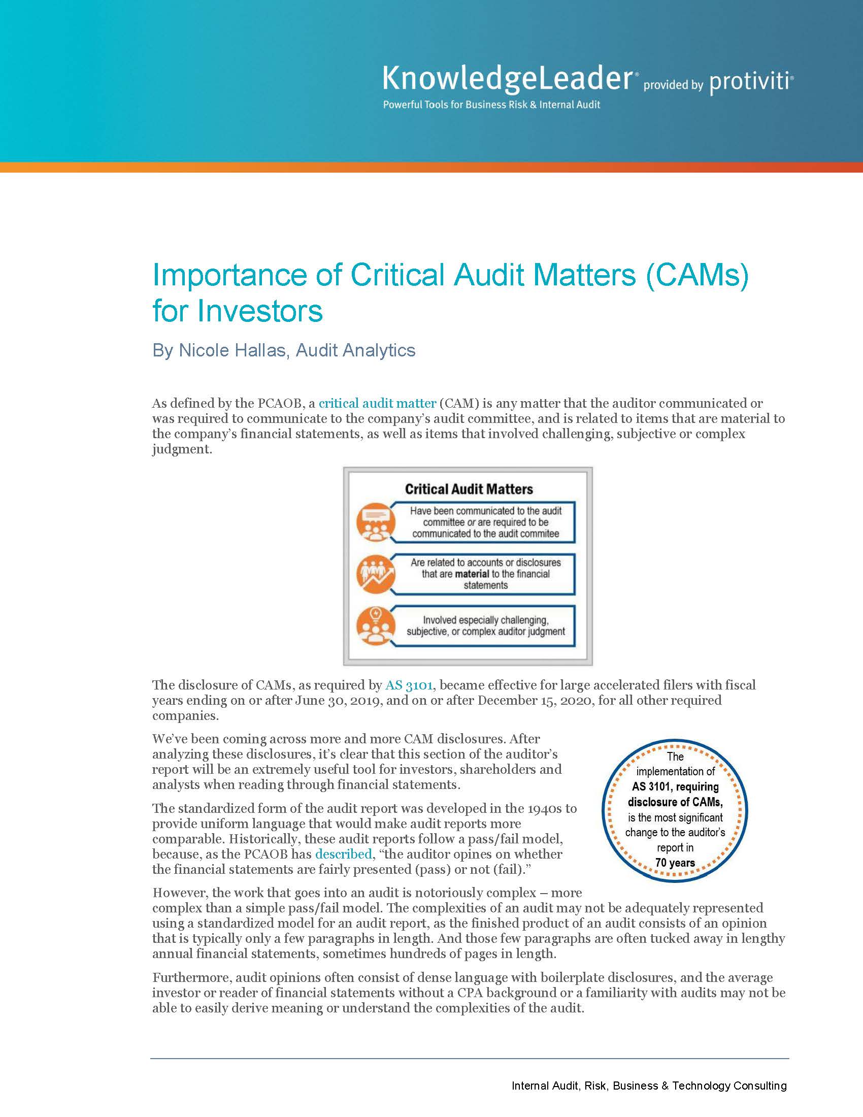 Screenshot of the first page of Importance of Critical Audit Matters (CAMs) for Investors