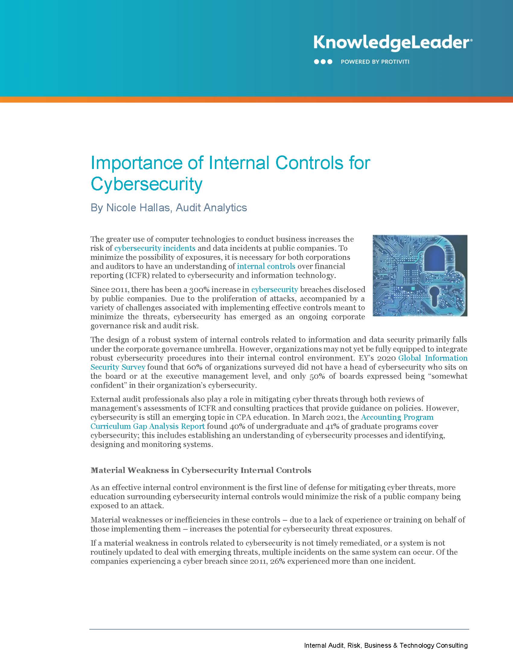 Screenshot of the first page of Importance of Internal Controls for Cybersecurity