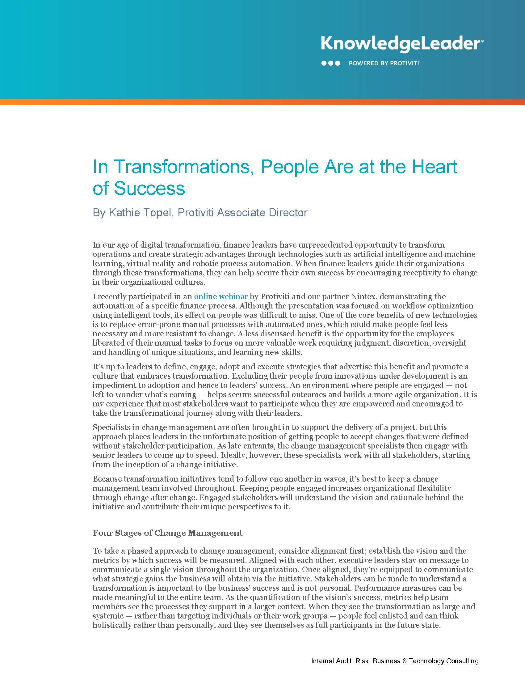 Screenshot of the first page of In Transformations, People Are at the Heart of Success