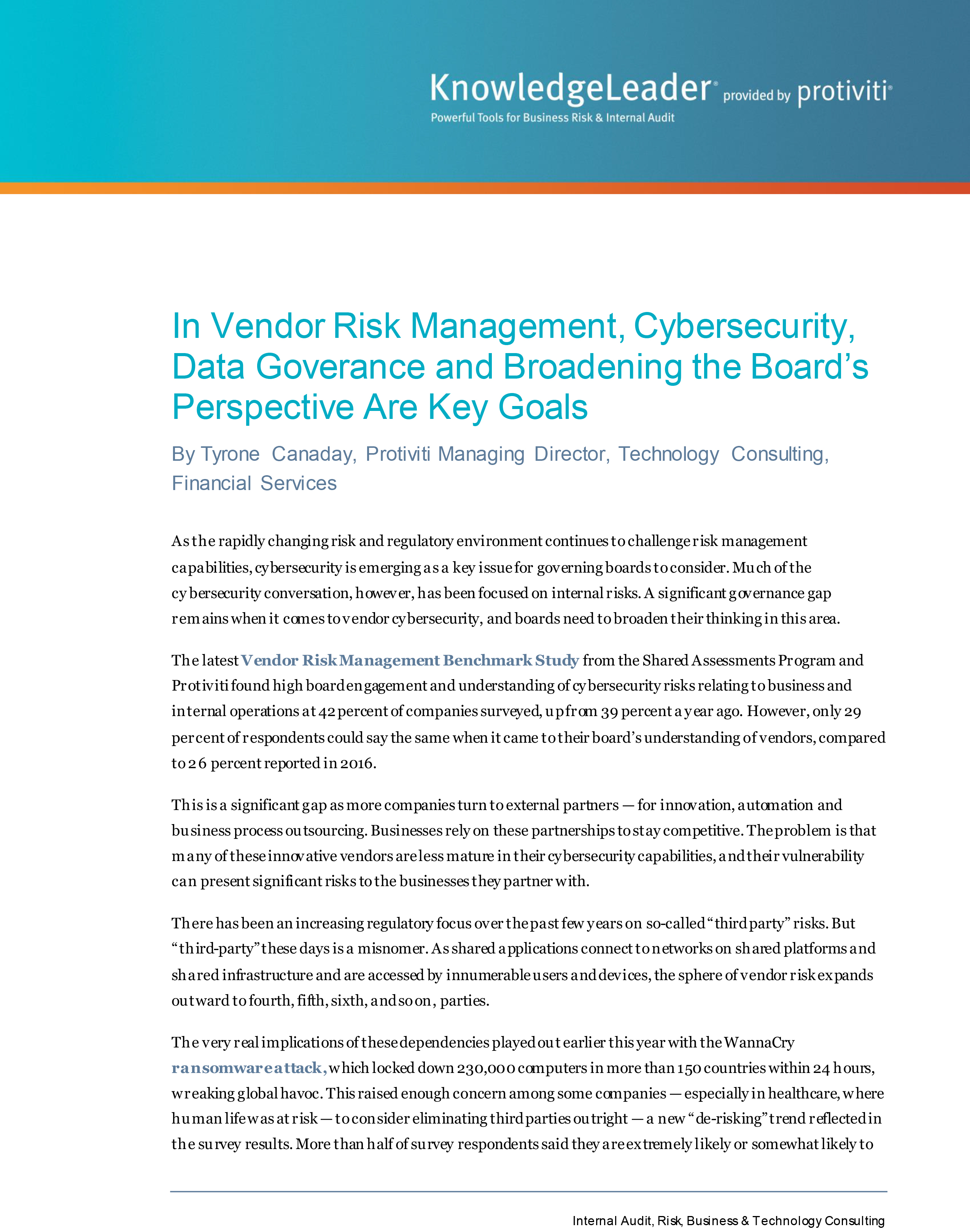Screenshot of the first page of In Vendor Risk Management, Cybersecurity, Data Governance and Broadening the Board’s Perspective Are Key Goals