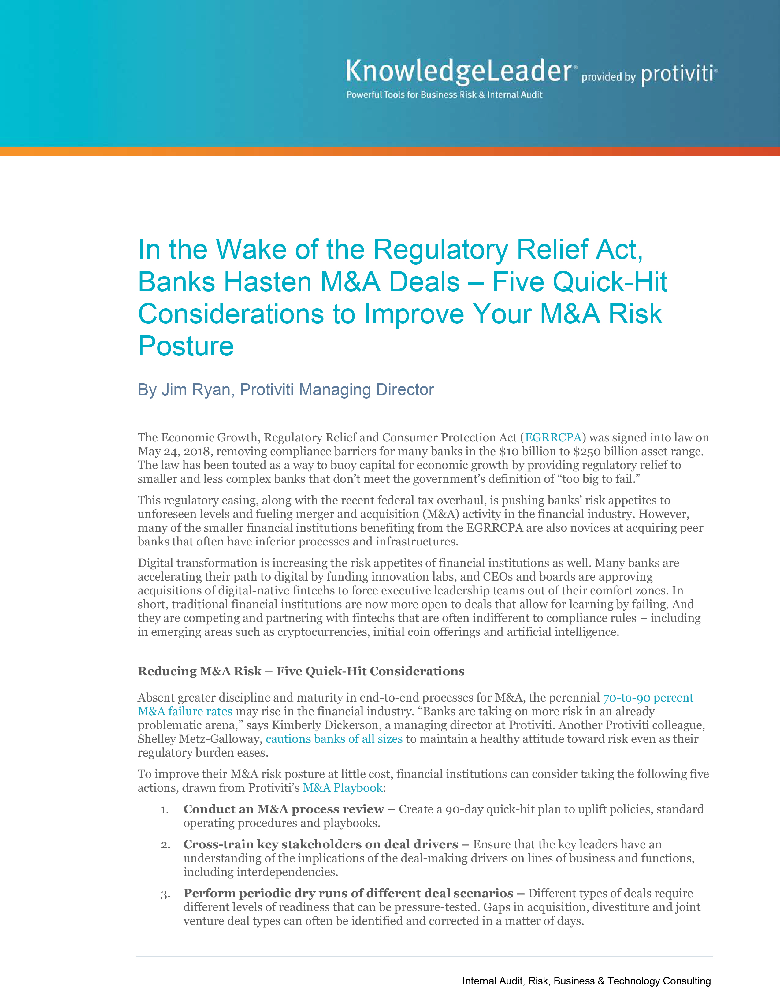 Screenshot of the first page of In the Wake of the Regulatory Relief Act, Banks Hasten MA Deals