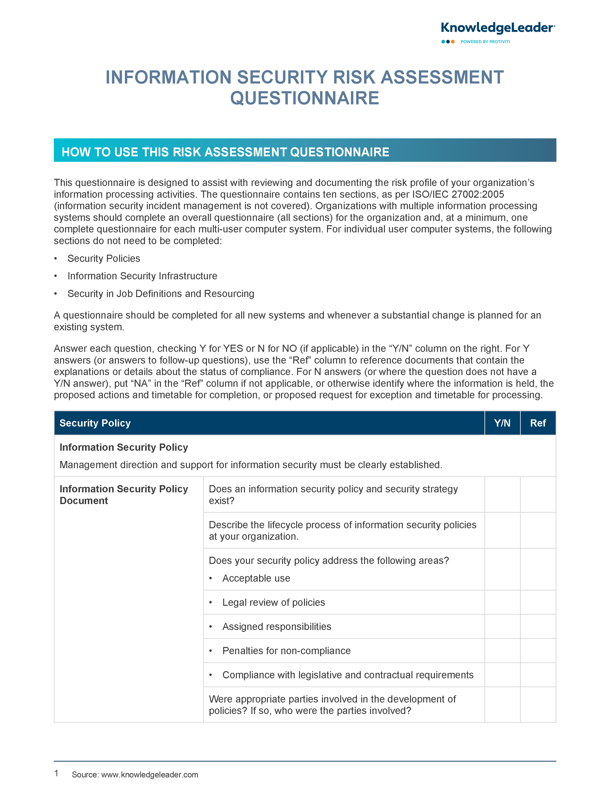Screenshot of the first page of Information Security Risk Assessment Questionnaire