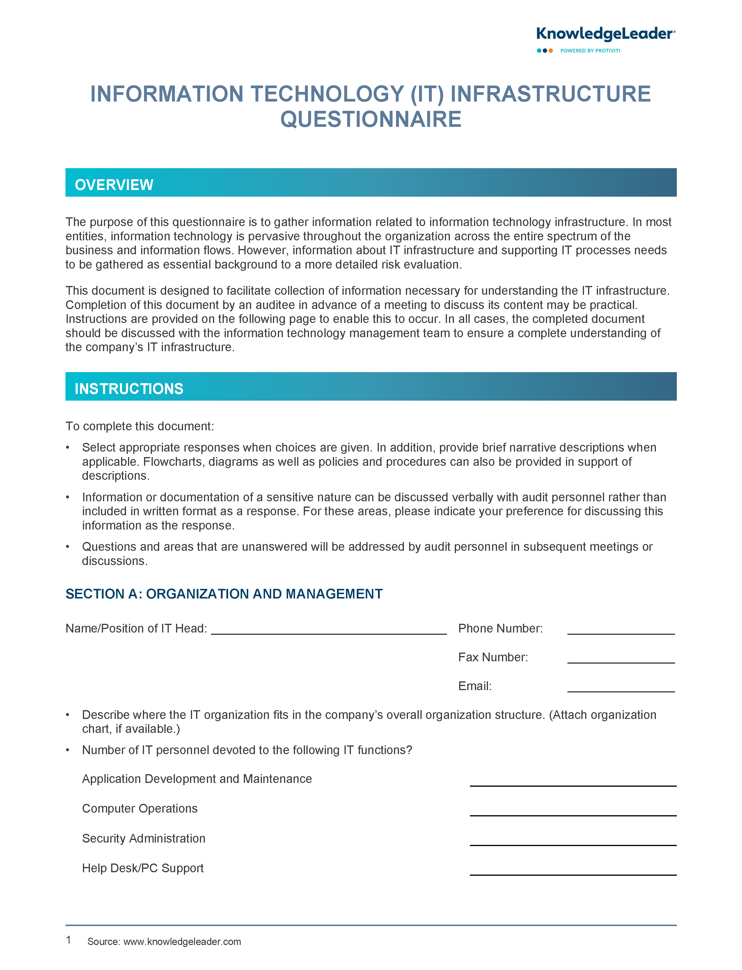Screenshot of the first page of Information Technology Infrastructure Questionnaire