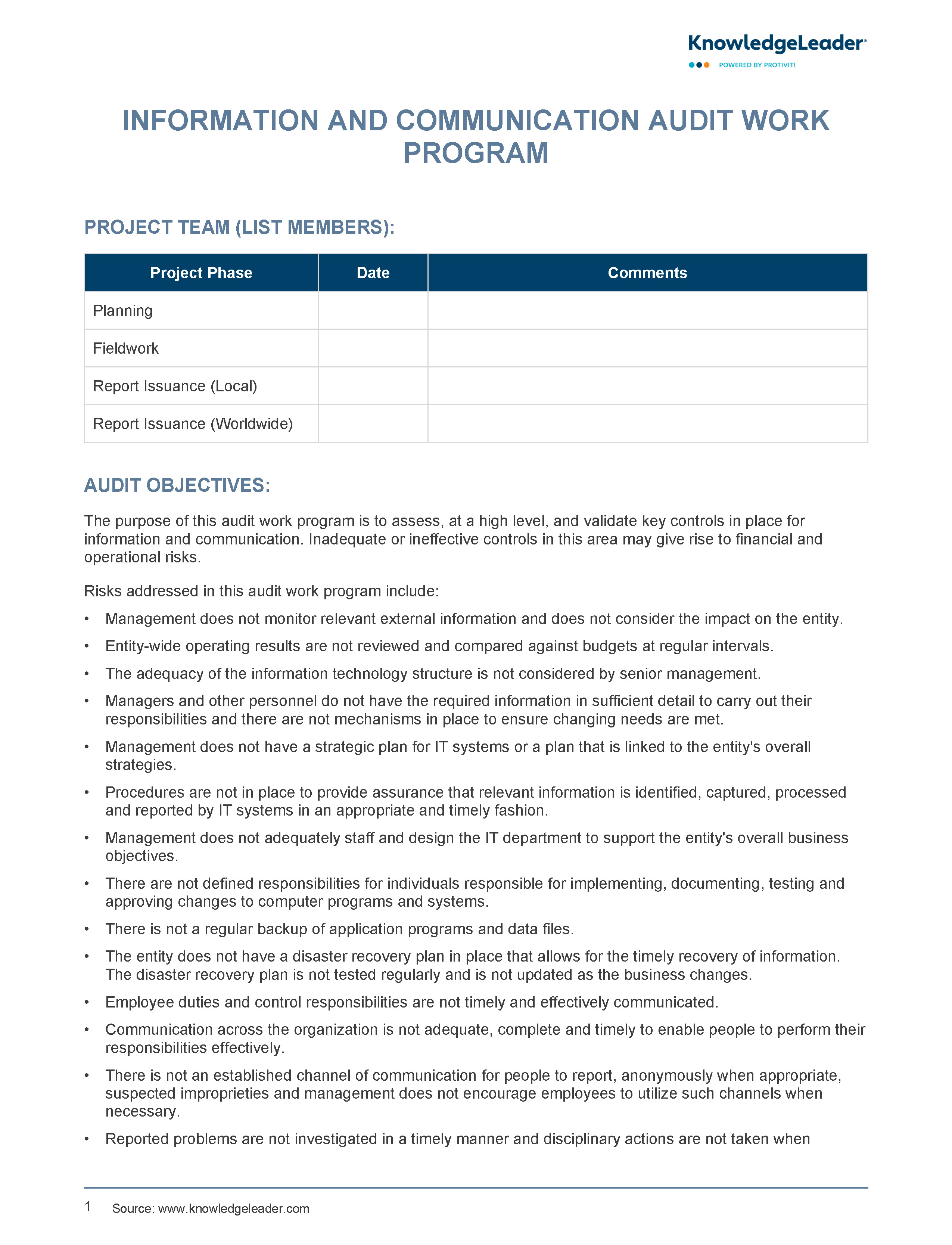Screenshot of the first page of Information and Communication Audit Work Program