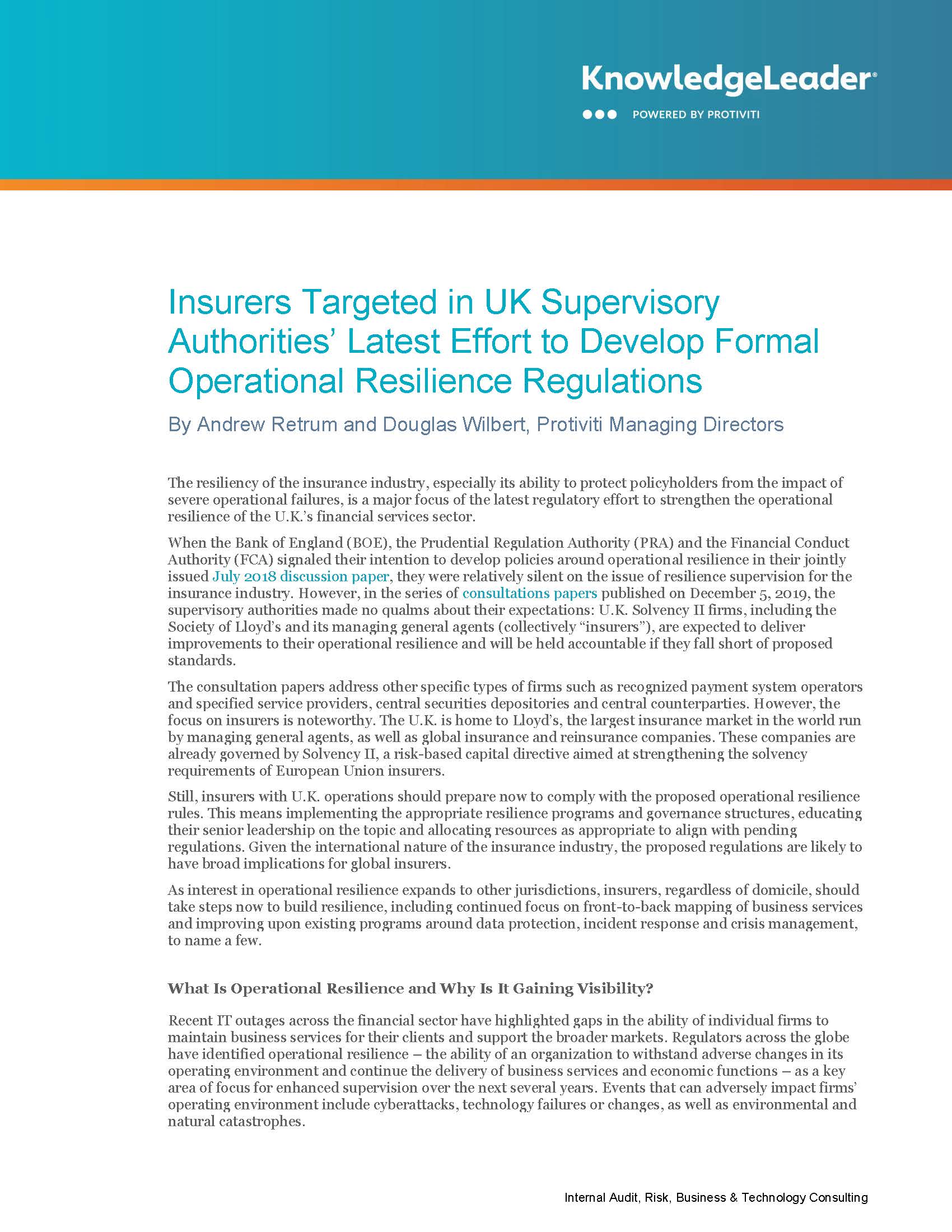 Screenshot of the first page of Insurers Targeted in UK Supervisory Authorities’ Latest Effort to Develop Formal Operational Resilience Regulations