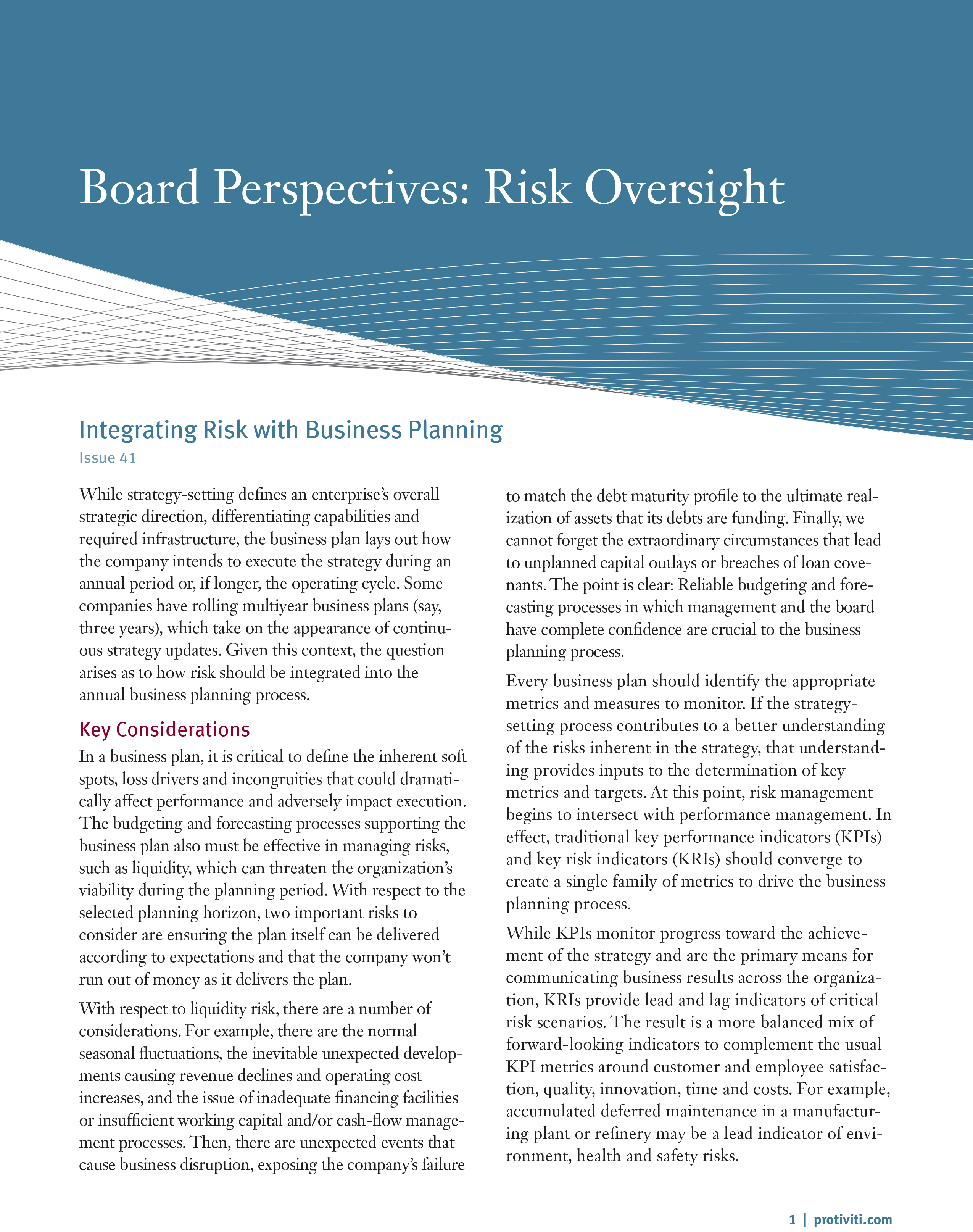 Screenshot of the first page of Integrating Risk With Business Planning