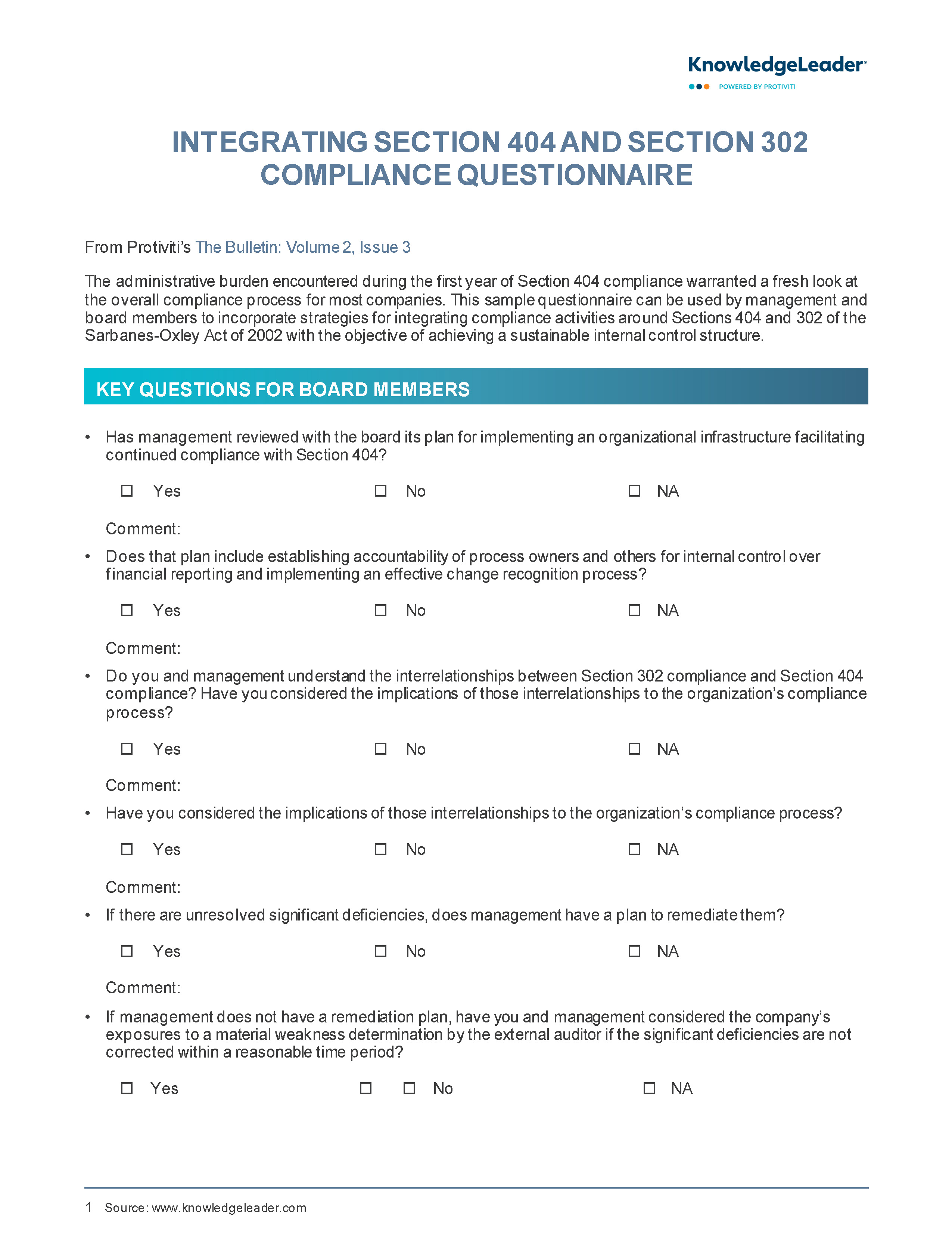 Screenshot of the first page of Integrating Section 404 and Section 302 Compliance Questionnaire