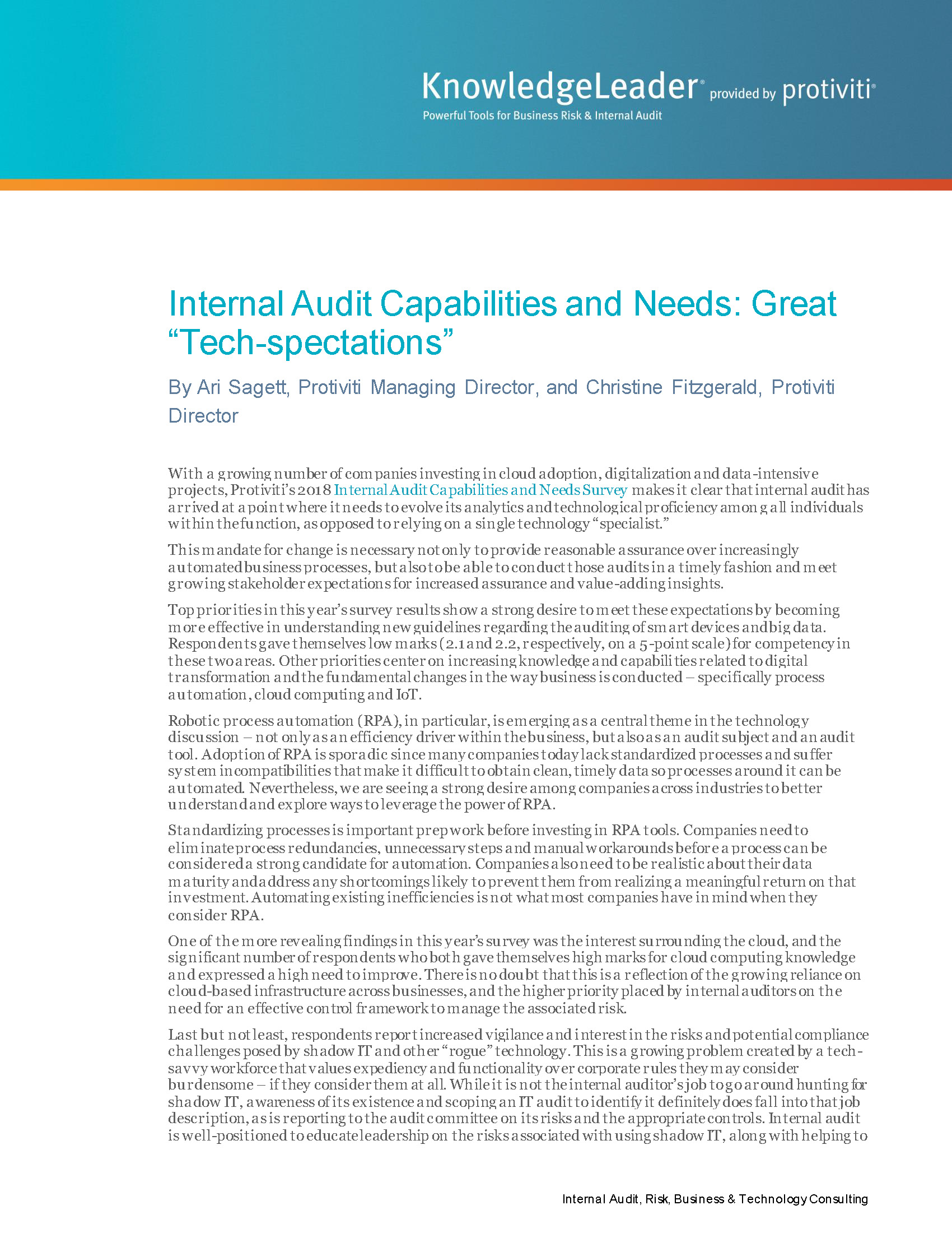 Screenshot of the first page of Internal Audit Capabilities and Needs Great “Tech-Spectations”