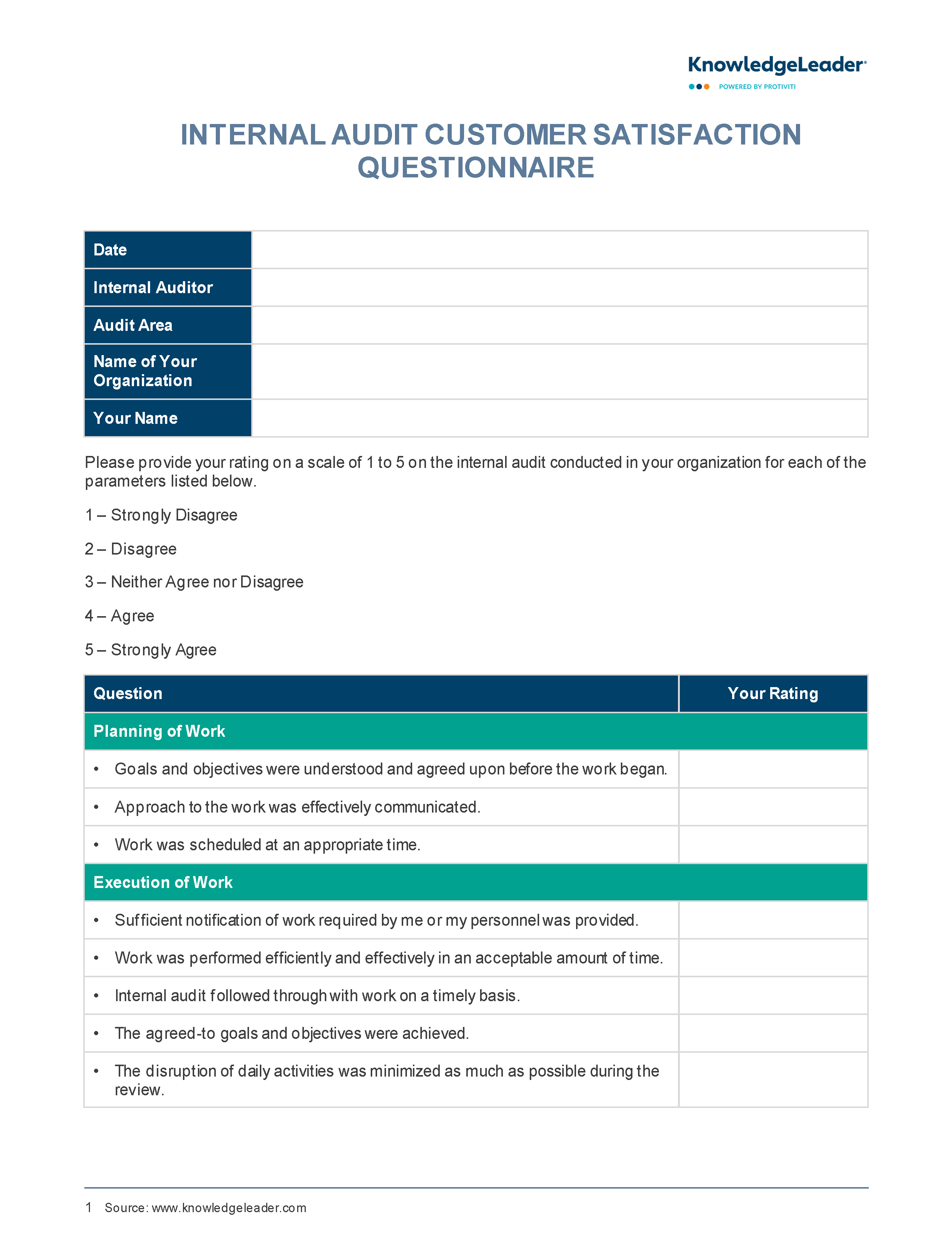 Screenshot of the first page of Internal Audit Customer Satisfaction Questionnaire