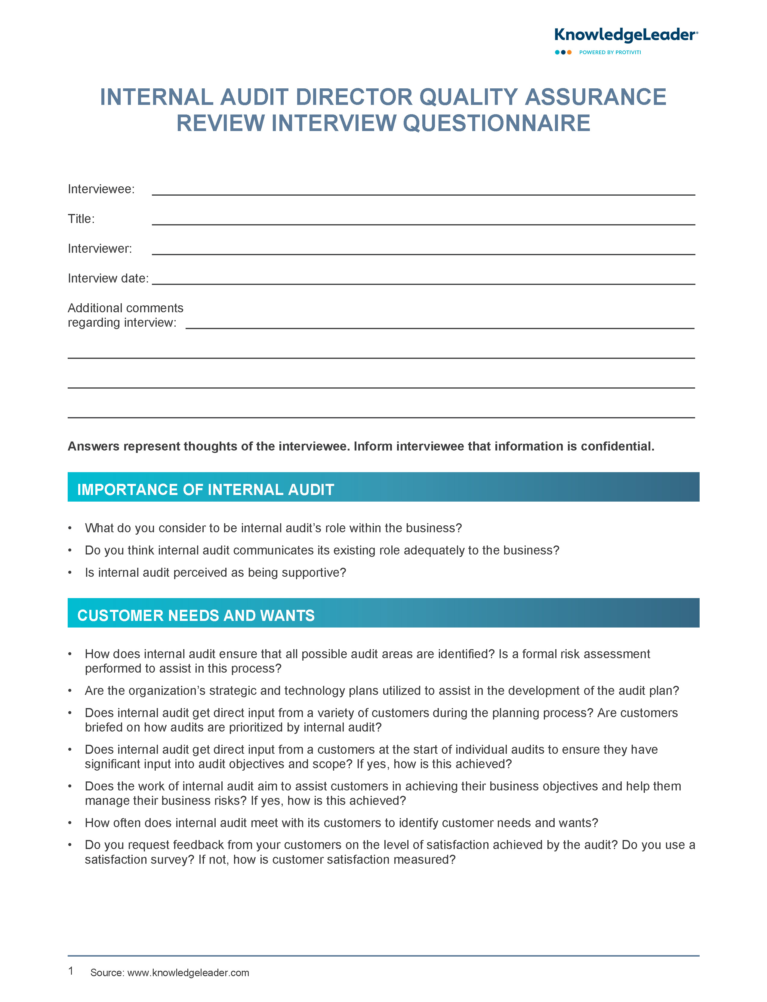 Screenshot of the first page of Internal Audit Director Interview Questionnaire