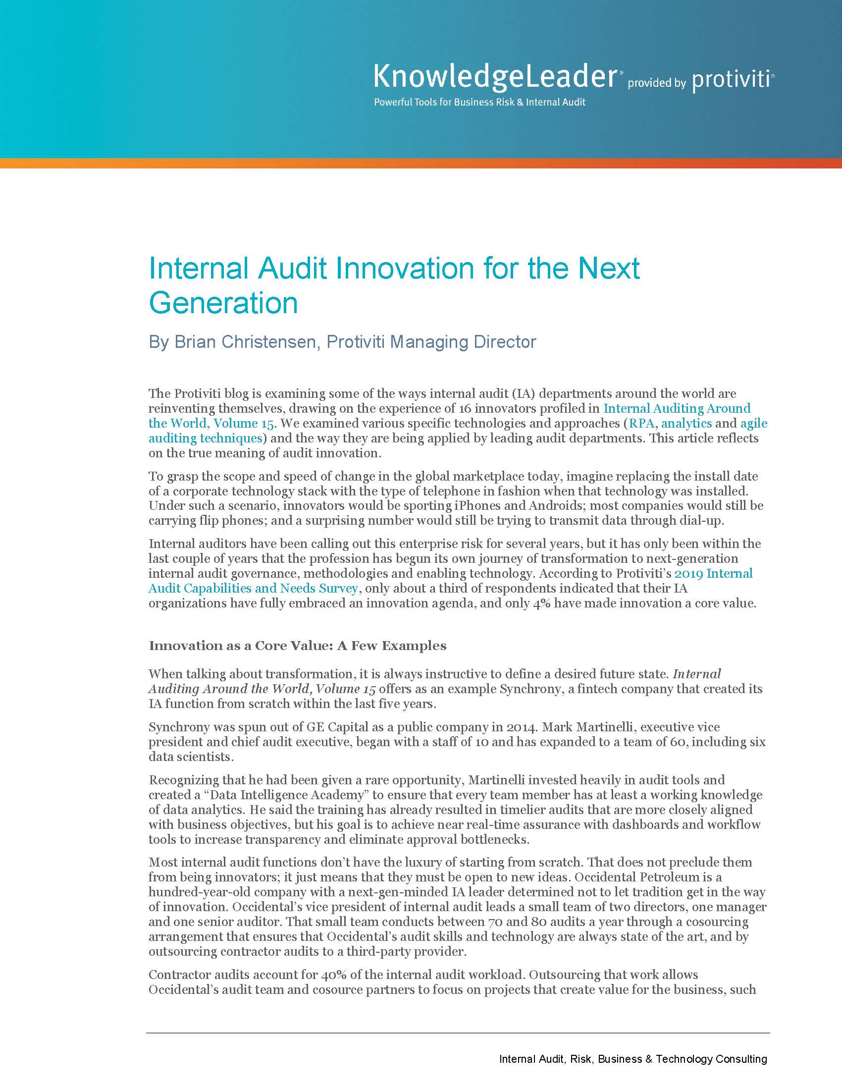 Screenshot of the first page of Internal Audit Innovation for the Next Generation
