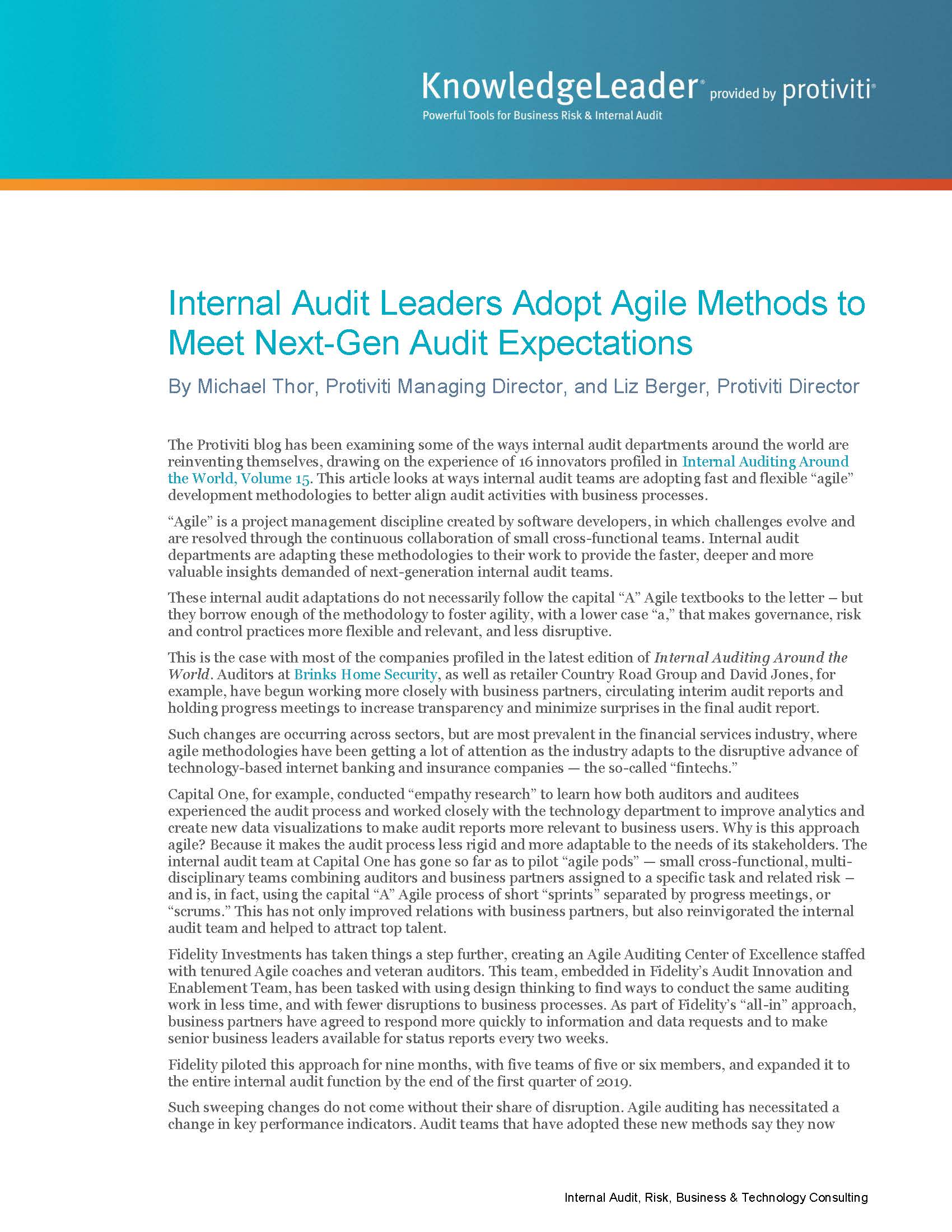 Screenshot of the first page of Internal Audit Leaders Adopt Agile Methods to Meet Next-Gen Audit Expectations