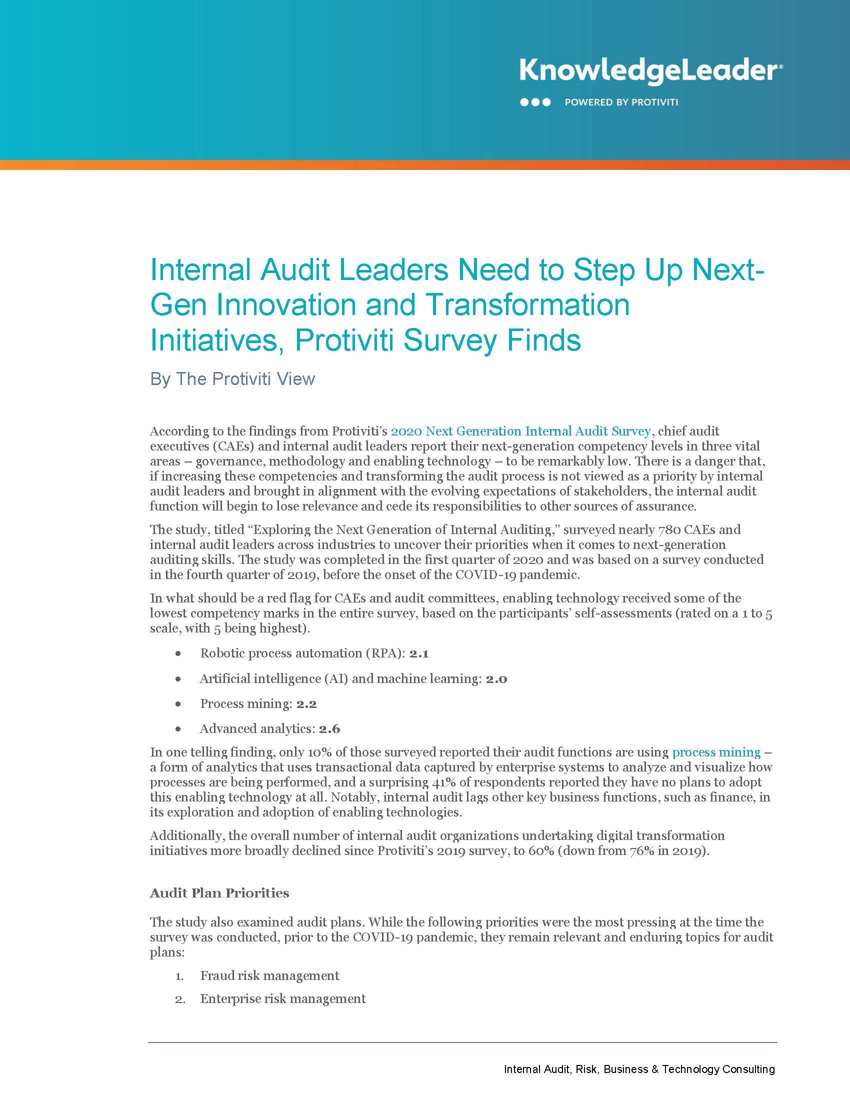 Screenshot of the first page of Internal Audit Leaders Need to Step Up Next-Gen Innovation and Transformation Initiatives, Protiviti Survey Finds