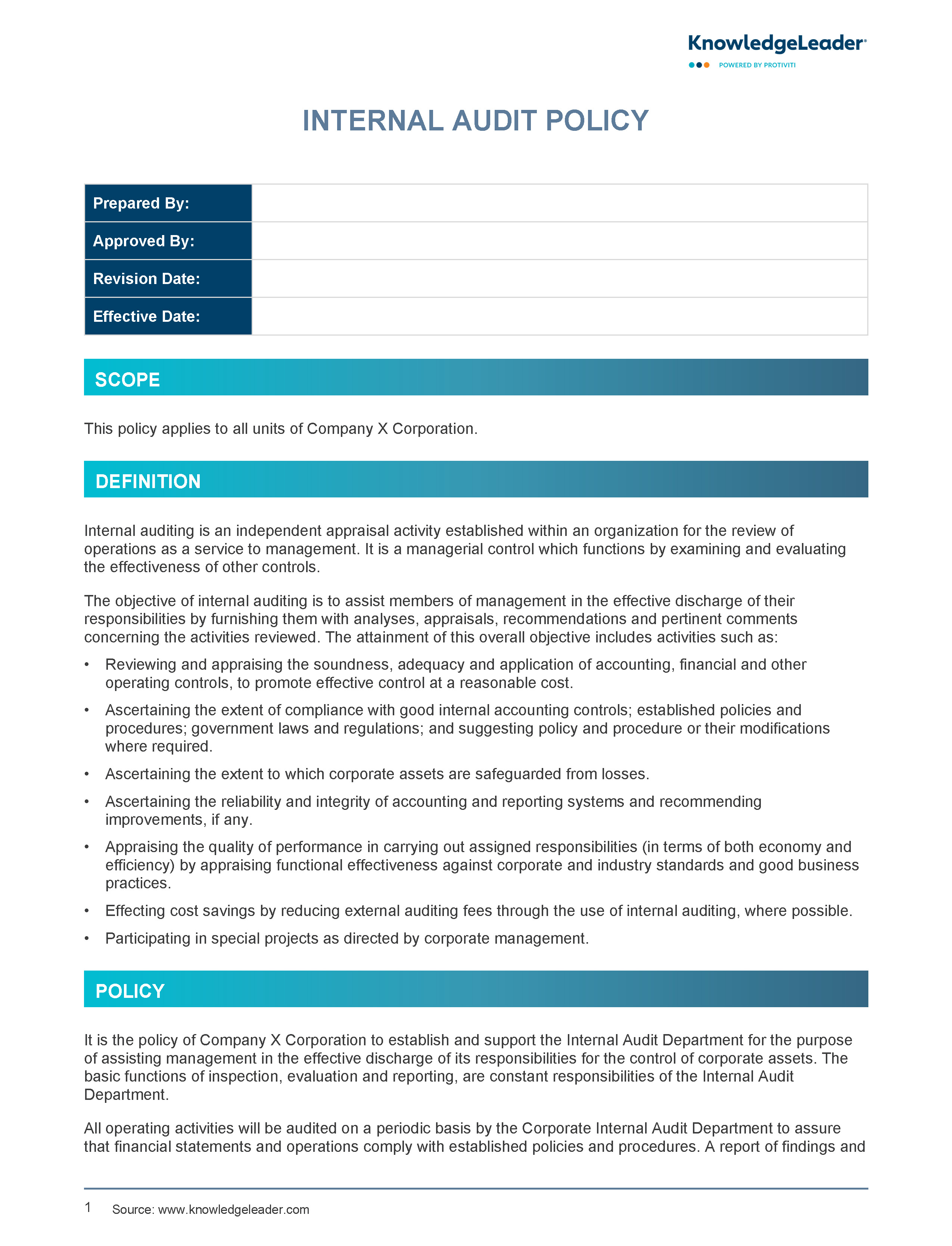 Screenshot of the first page of Internal Audit Policy