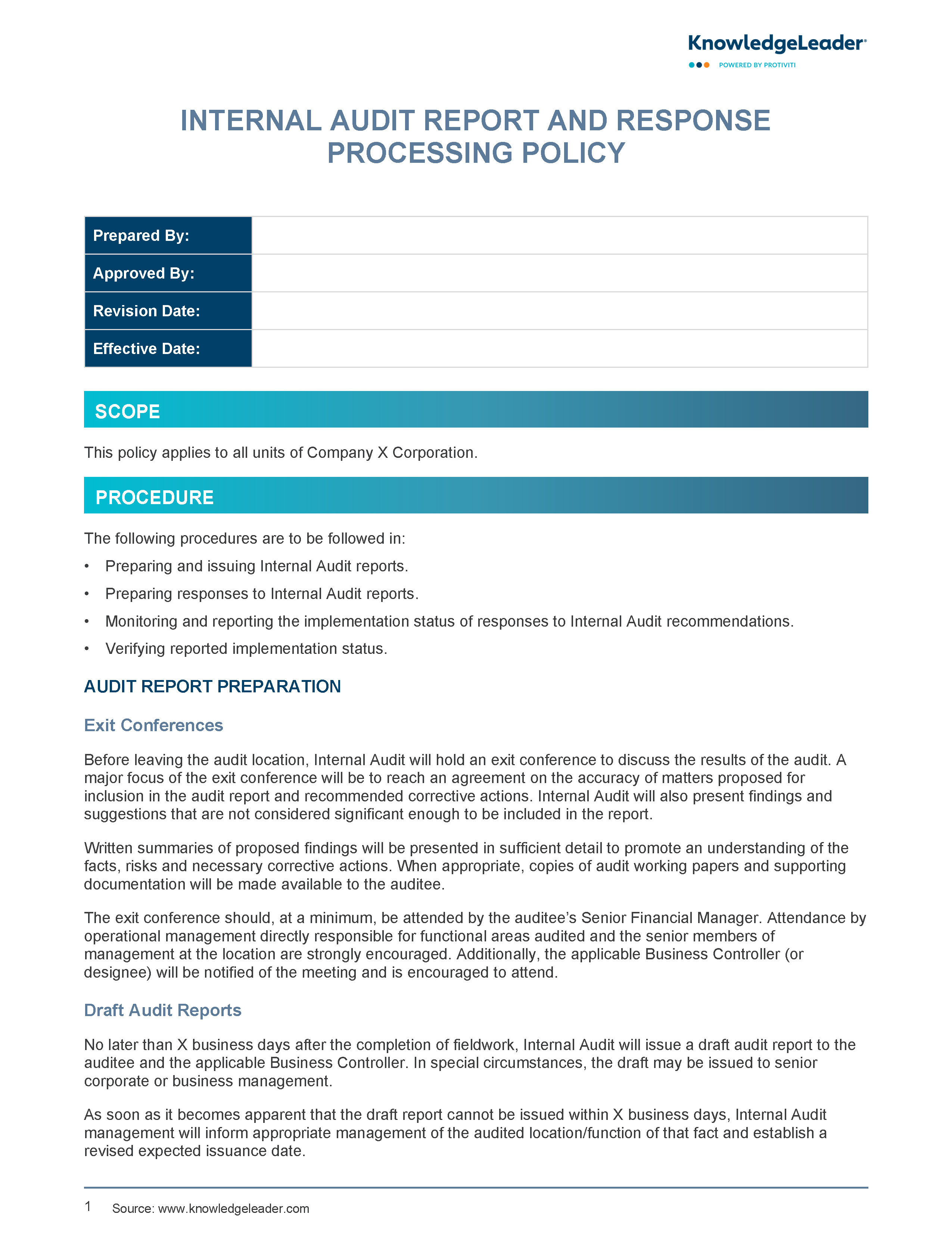 Screenshot of the first page of Internal Audit Report and Response Processing Policy