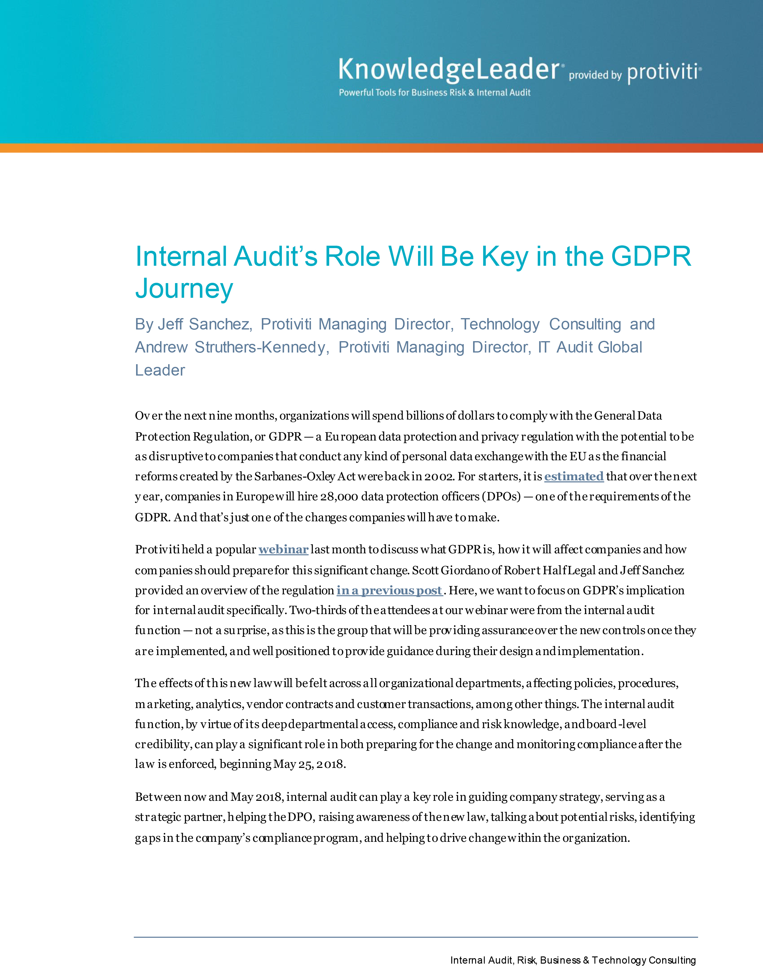 Screenshot of the first page of Internal Audit’s Role Will Be Key in the GDPR Journey