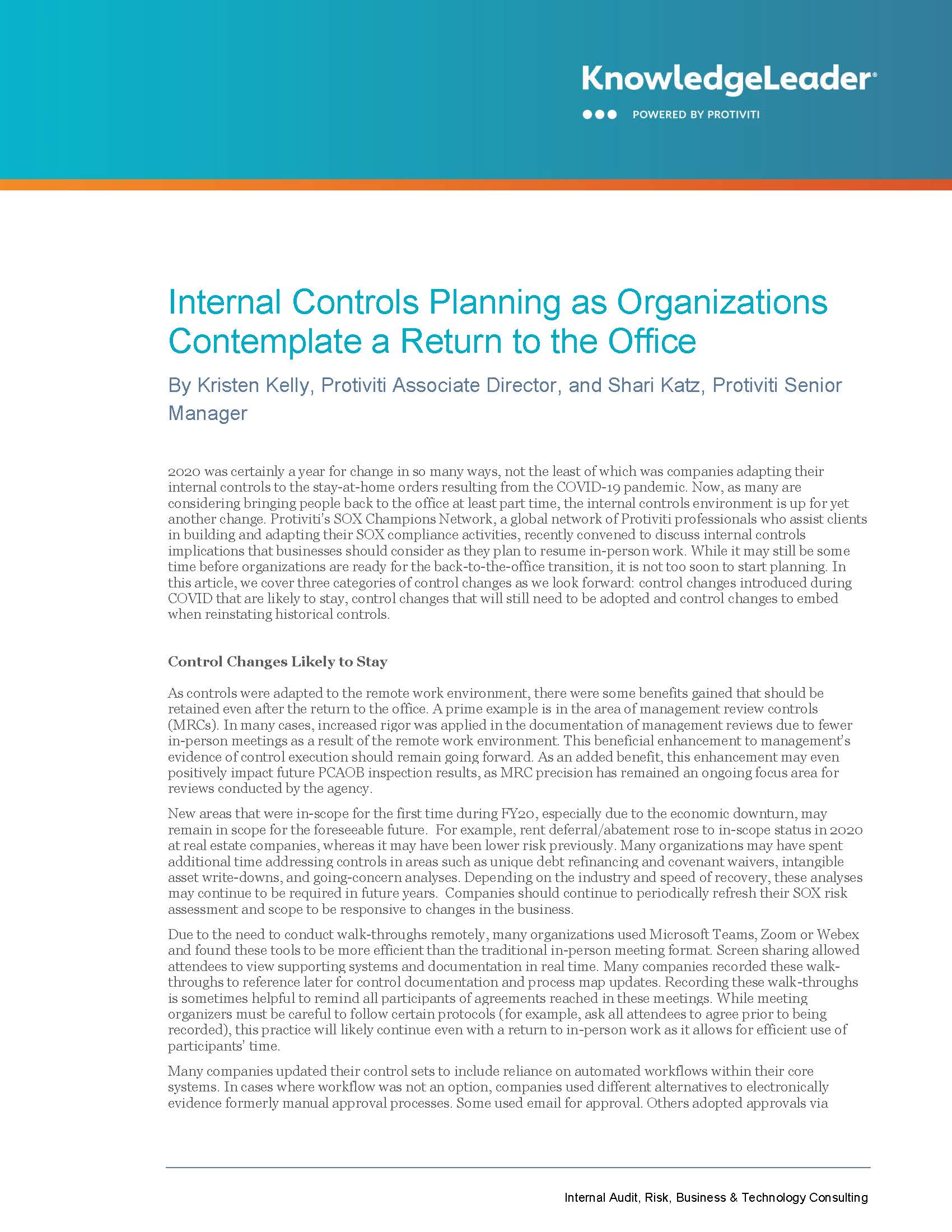 Screenshot of the first page of Internal Controls Planning as Organizations Contemplate a Return to the Office