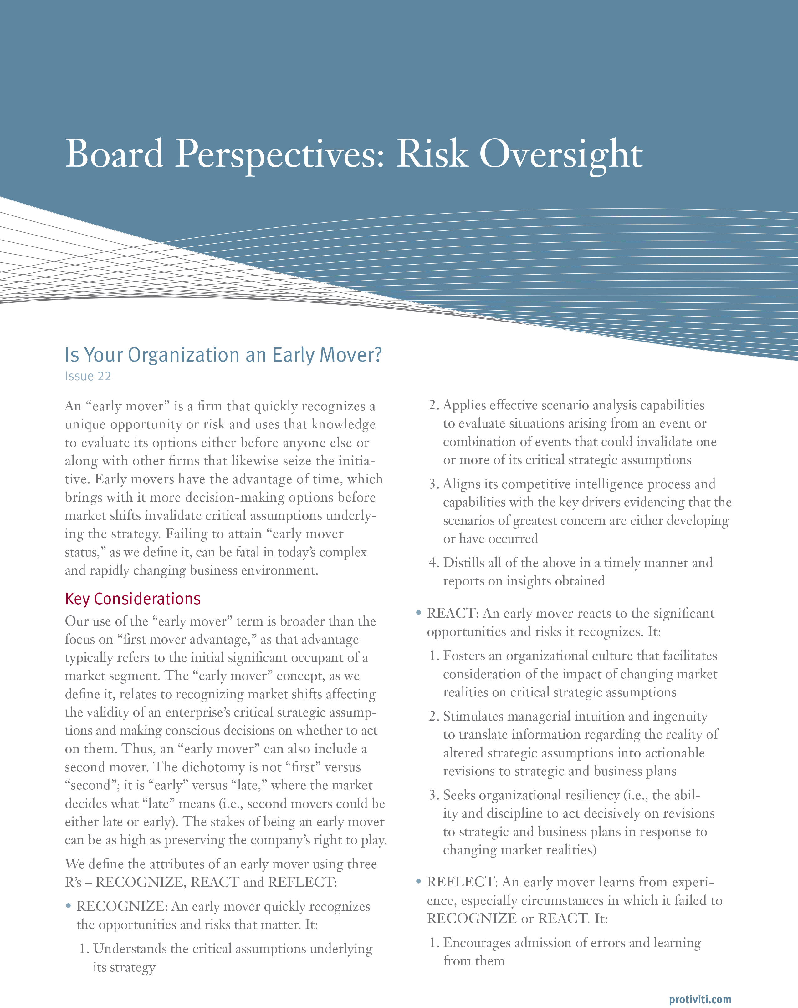 Screenshot of the first page of Is Your Organization an Early Mover - Board Perspectives - Risk Oversight, Issue 22