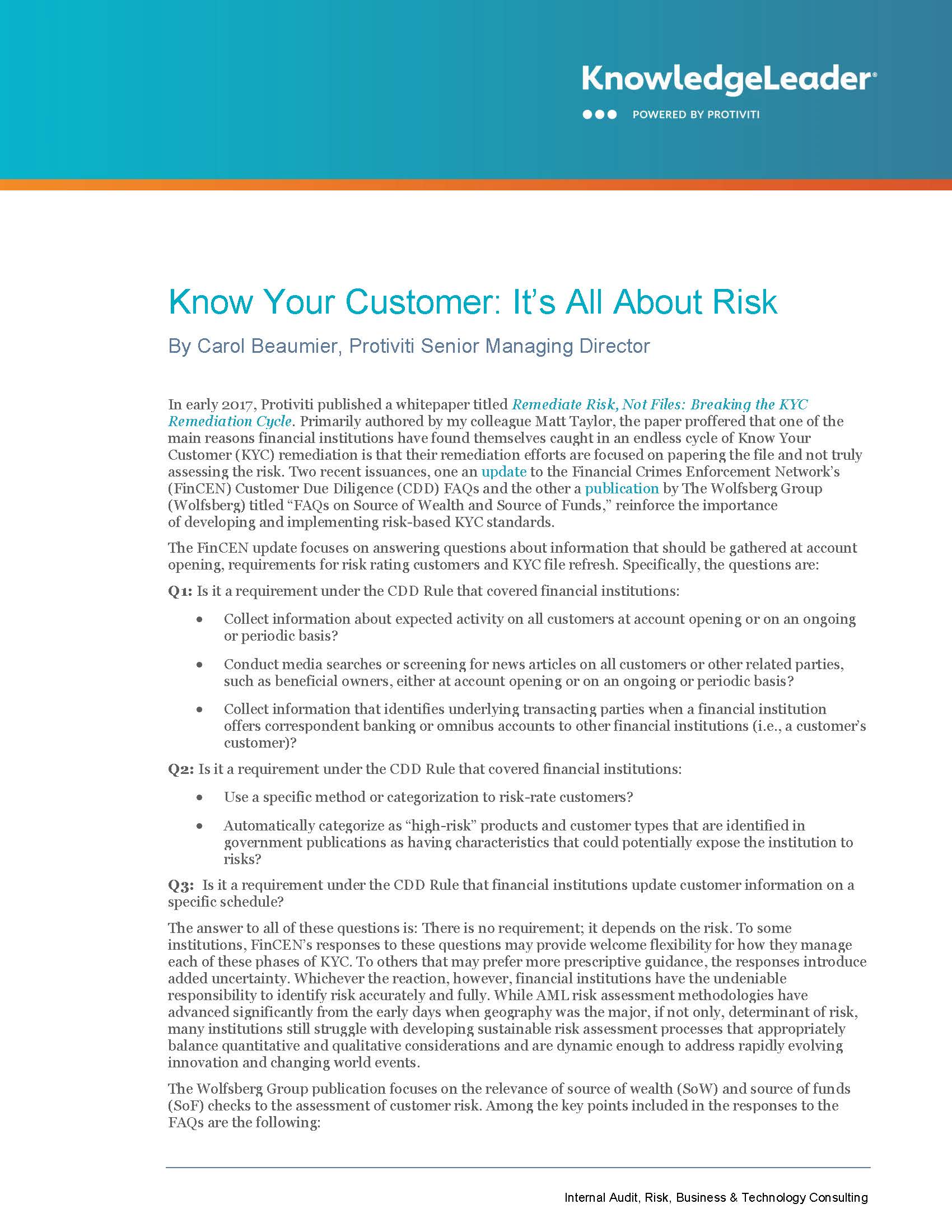 Screenshot of the first page of Know Your Customer It’s All About Risk