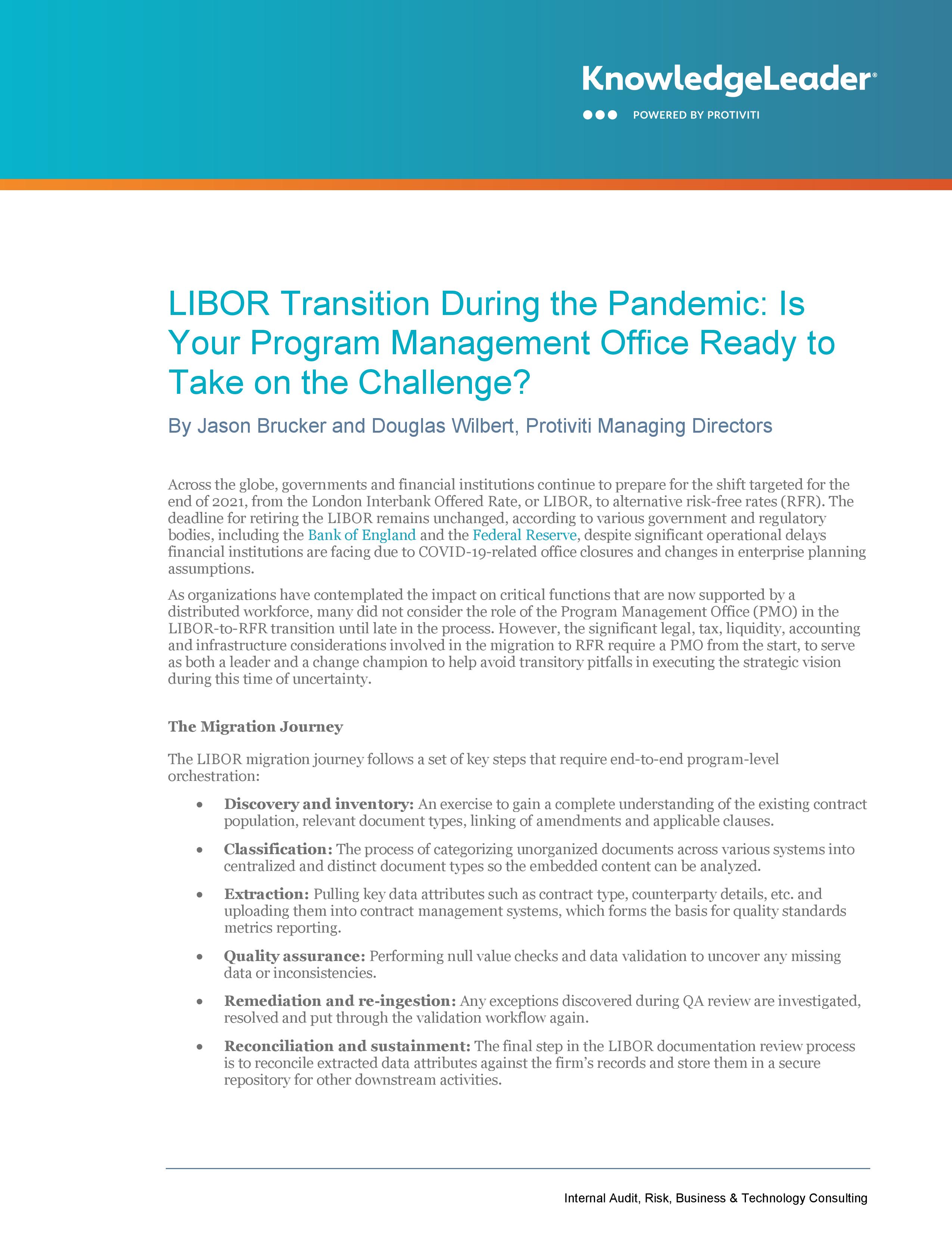 Screenshot of the first page of LIBOR Transition During the Pandemic Is Your Program Management Office Ready