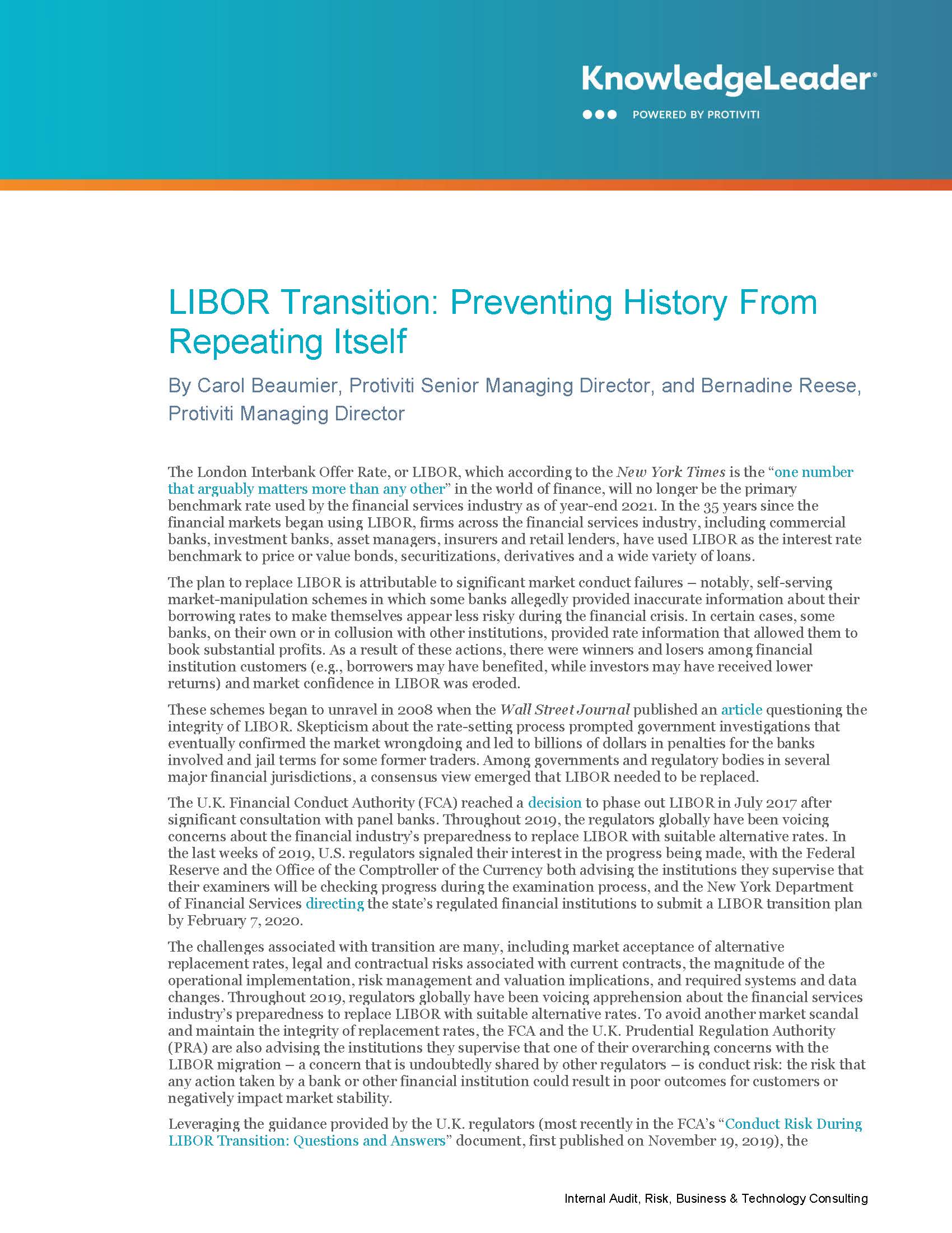 Screenshot of the first page of LIBOR Transition Preventing History From Repeating Itself