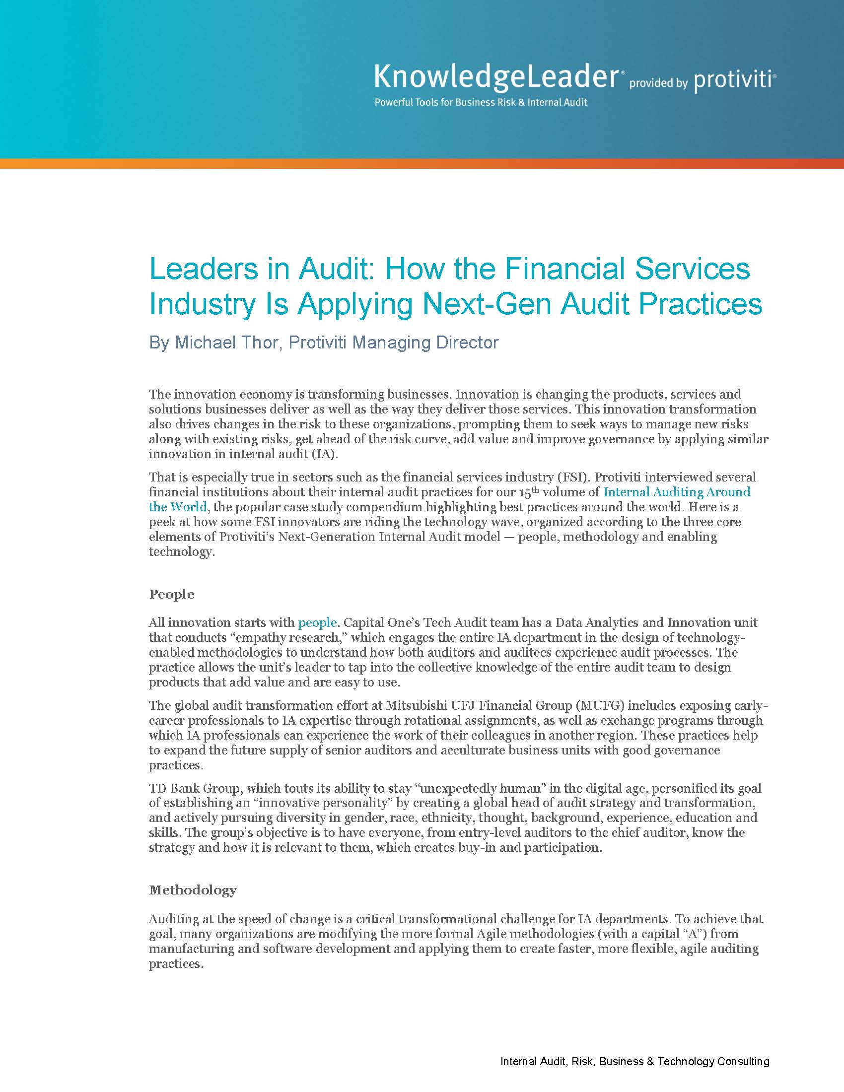Screenshot of the first page of Leaders in Audit How the Financial Services Industry Is Applying Next-Gen Audit Practices