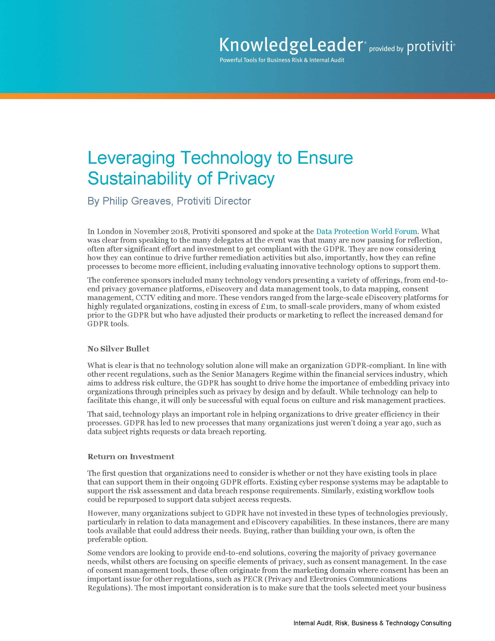 Screenshot of the first page of Leveraging Technology to Ensure Sustainability of Privacy