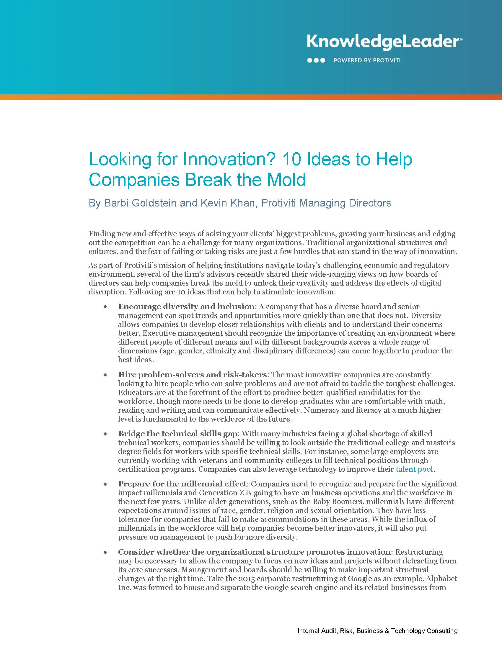 Screenshot of the first page of Looking for Innovation 10 Ideas to Help Companies Break the Mold